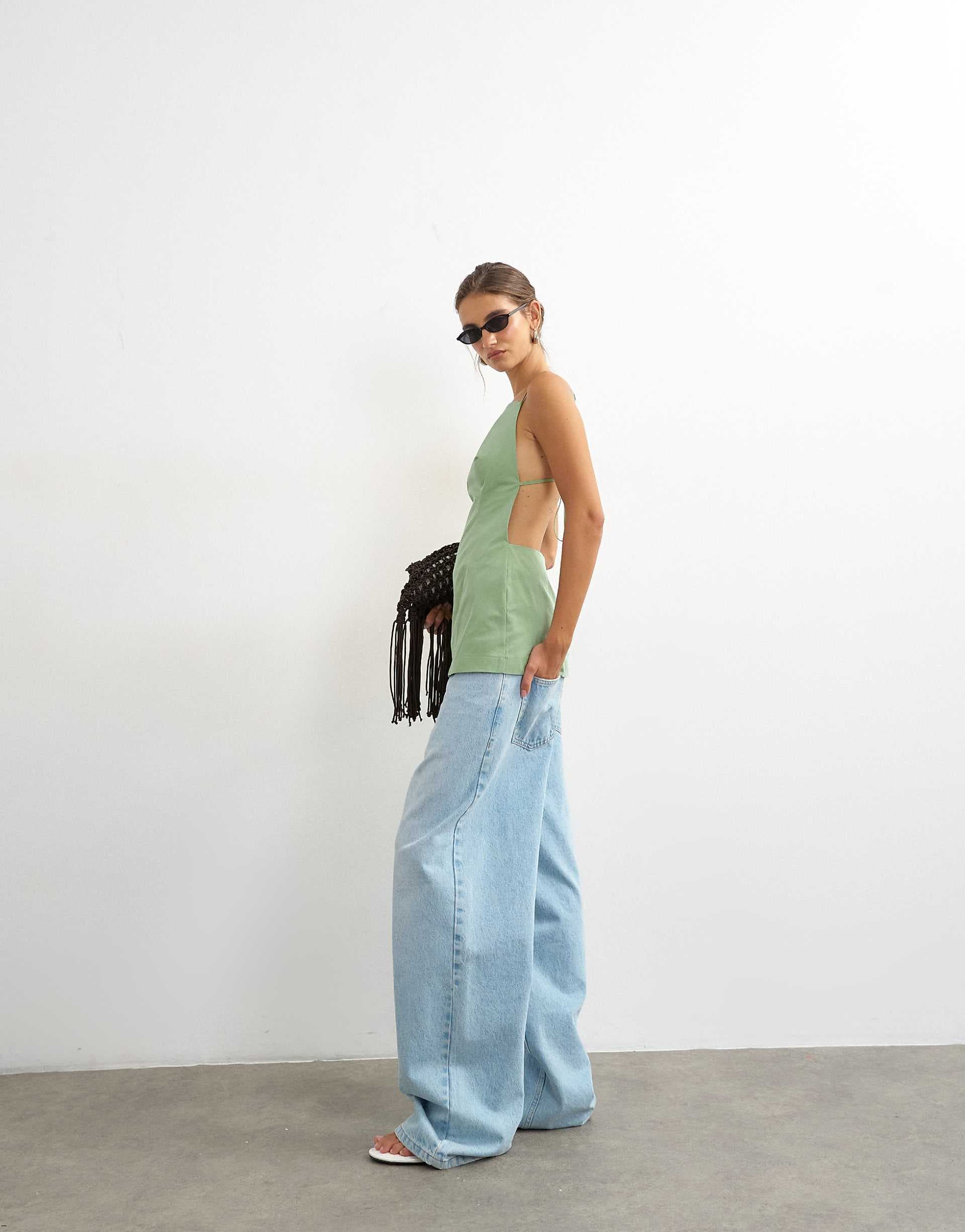 Topshop structured strappy back longline top in sage