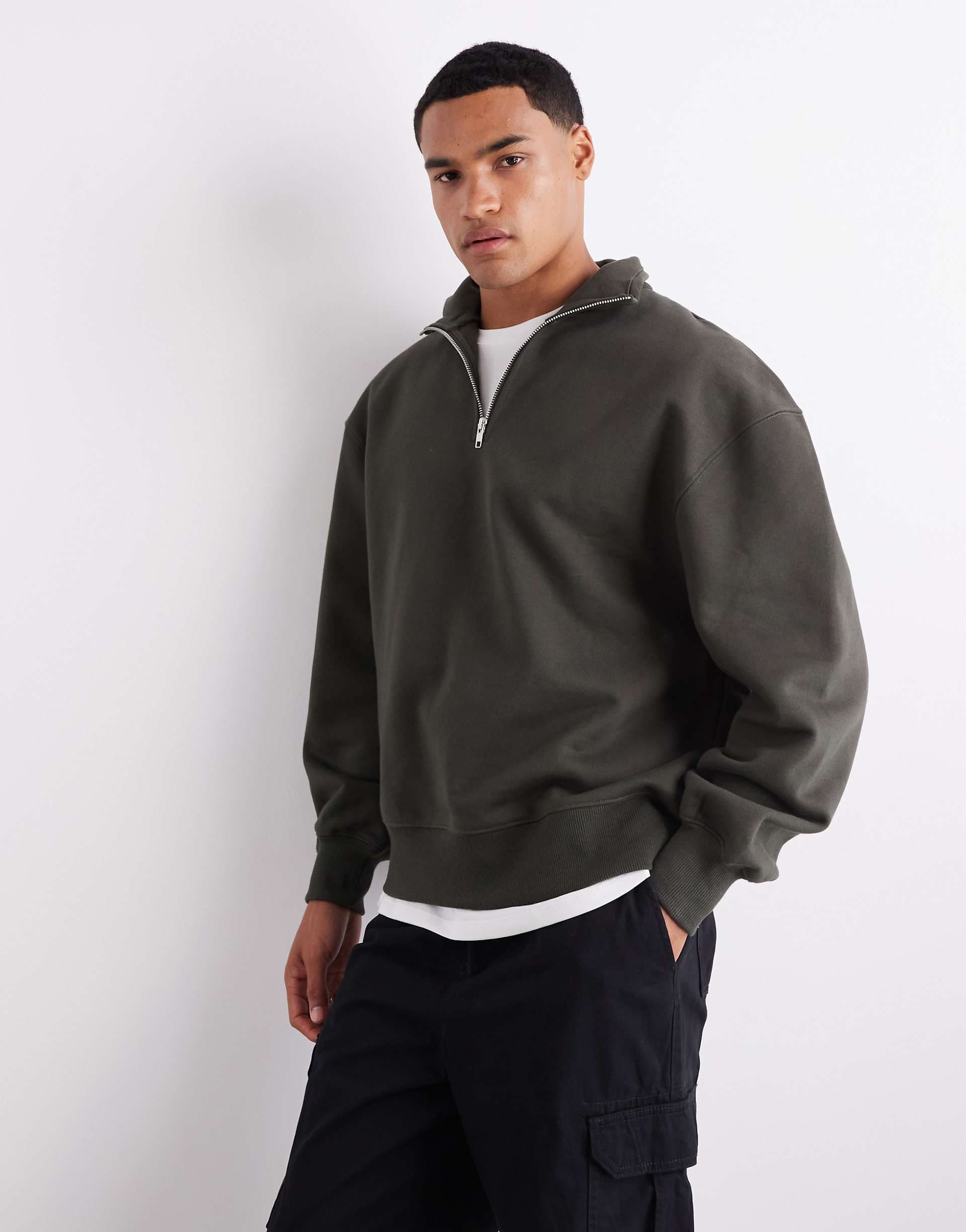 ASOS DESIGN premium heavyweight oversized quarter zip 400gsm sweatshirt in khaki