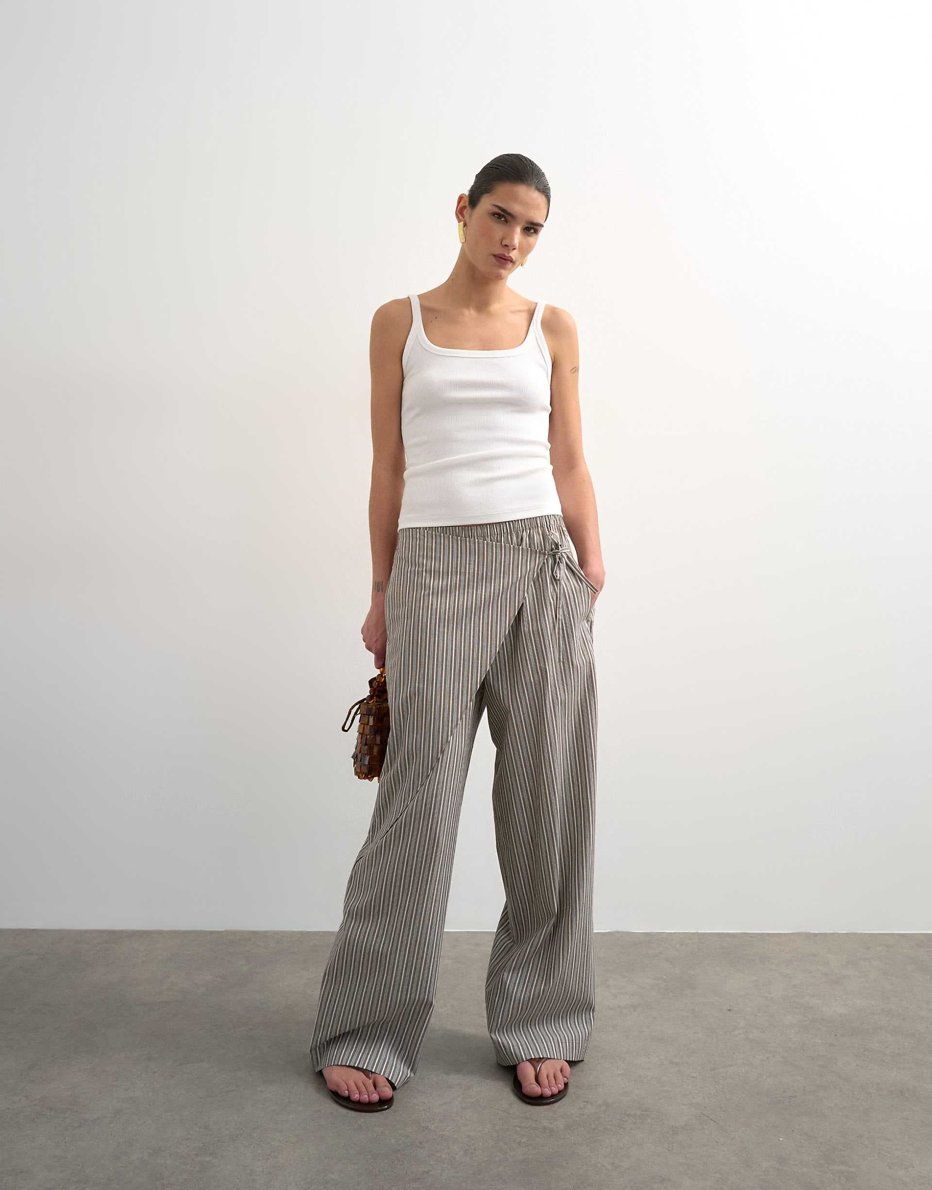 Topshop striped poplin wrapover skirt pants in brown