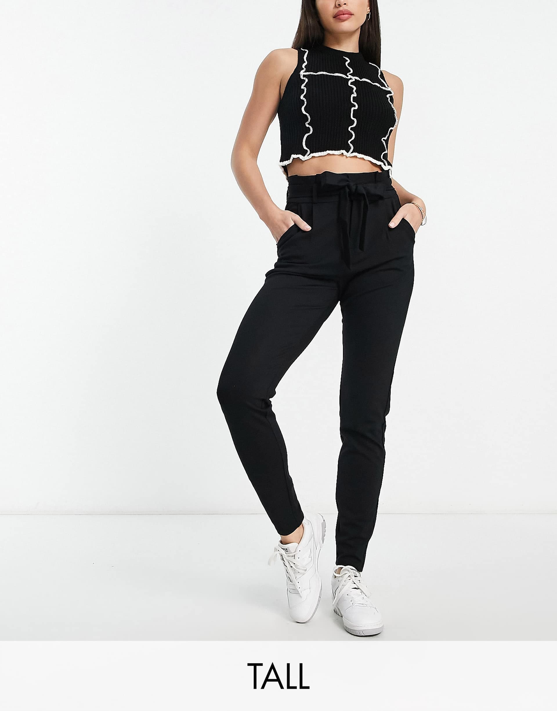 Vero Moda Tall paperbag tie waist tapered pants in black