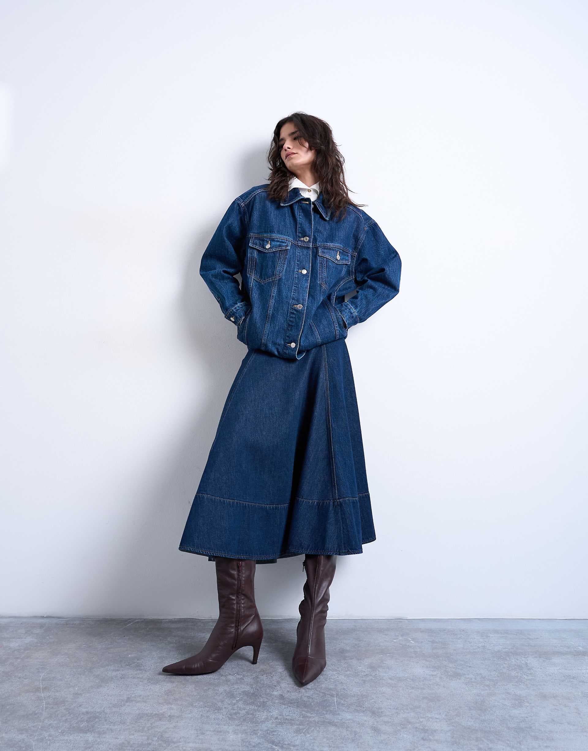 Topshop denim dropped waist seamed midi skirt in rinse