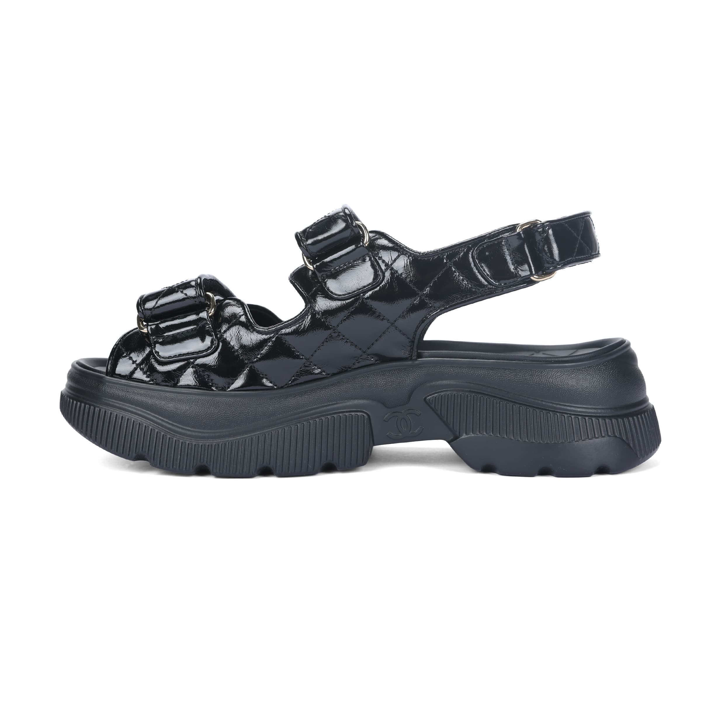 CHANEL 25B Calfskin Round Toe Platform Single Strap Sandals 5.5cm Women's Black