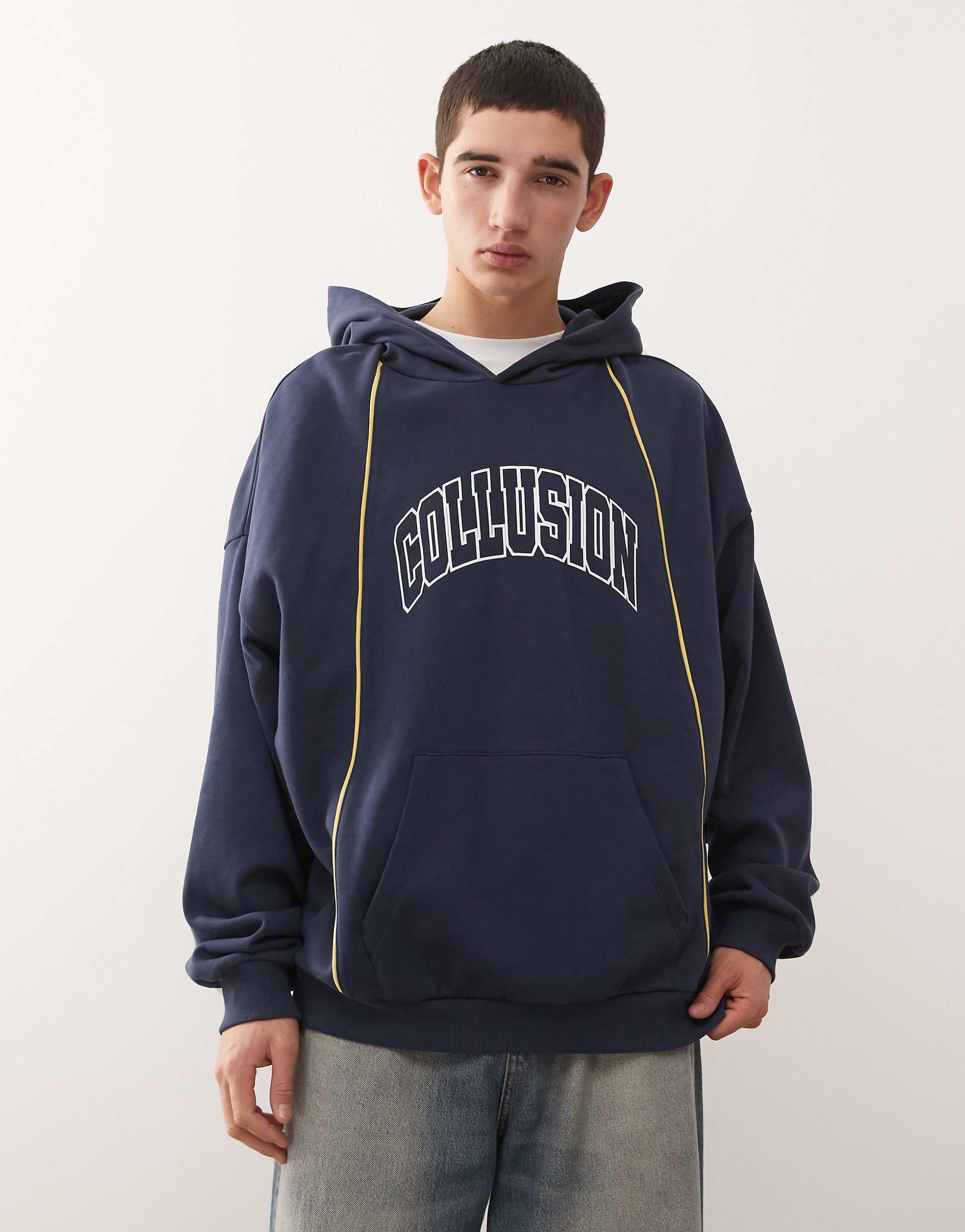 COLLUSION boxy oversized logo hoodie with piping in navy