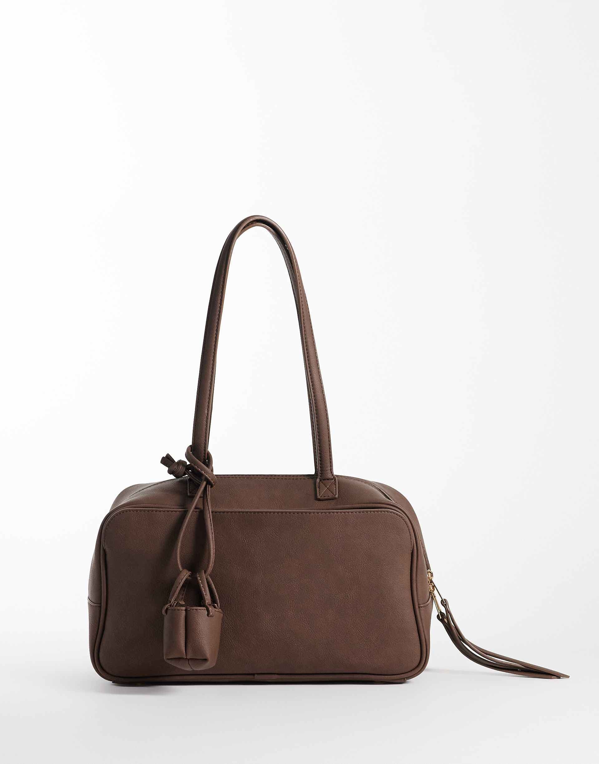 Glamorous faux leather box bag with bag charm in dark brown