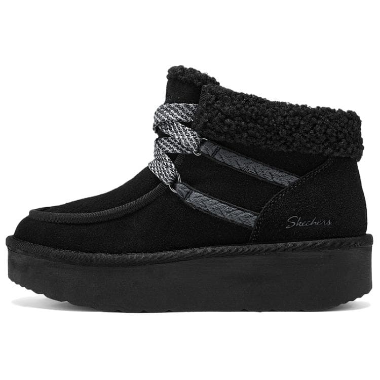 Skechers SUEDE PADDED Split Leather Fabric Warm Height-Increasing Comfortable Fashion Mid-Calf Snow Boots Women's Black