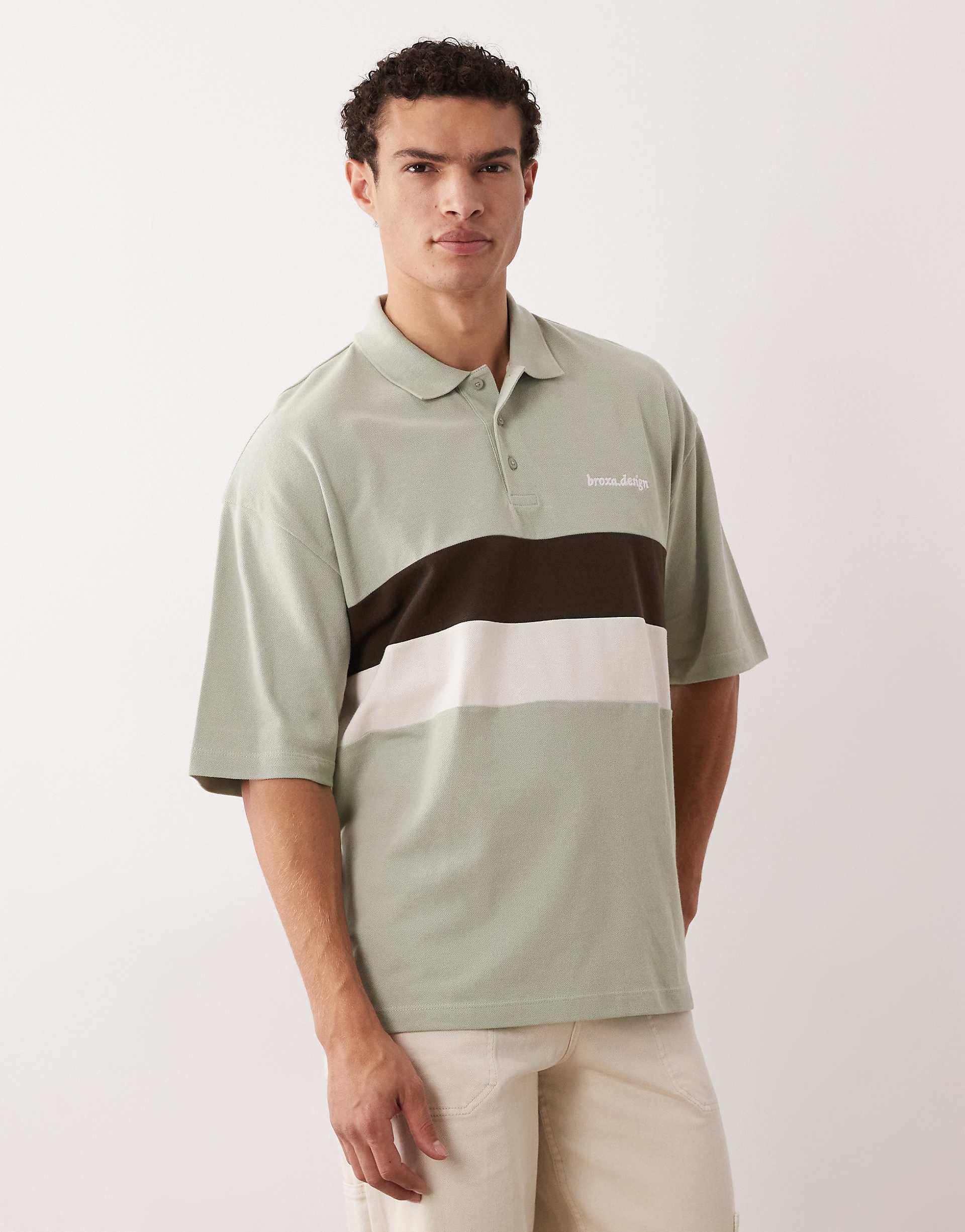 ASOS DESIGN heavyweight oversized striped polo shirt in light green texture