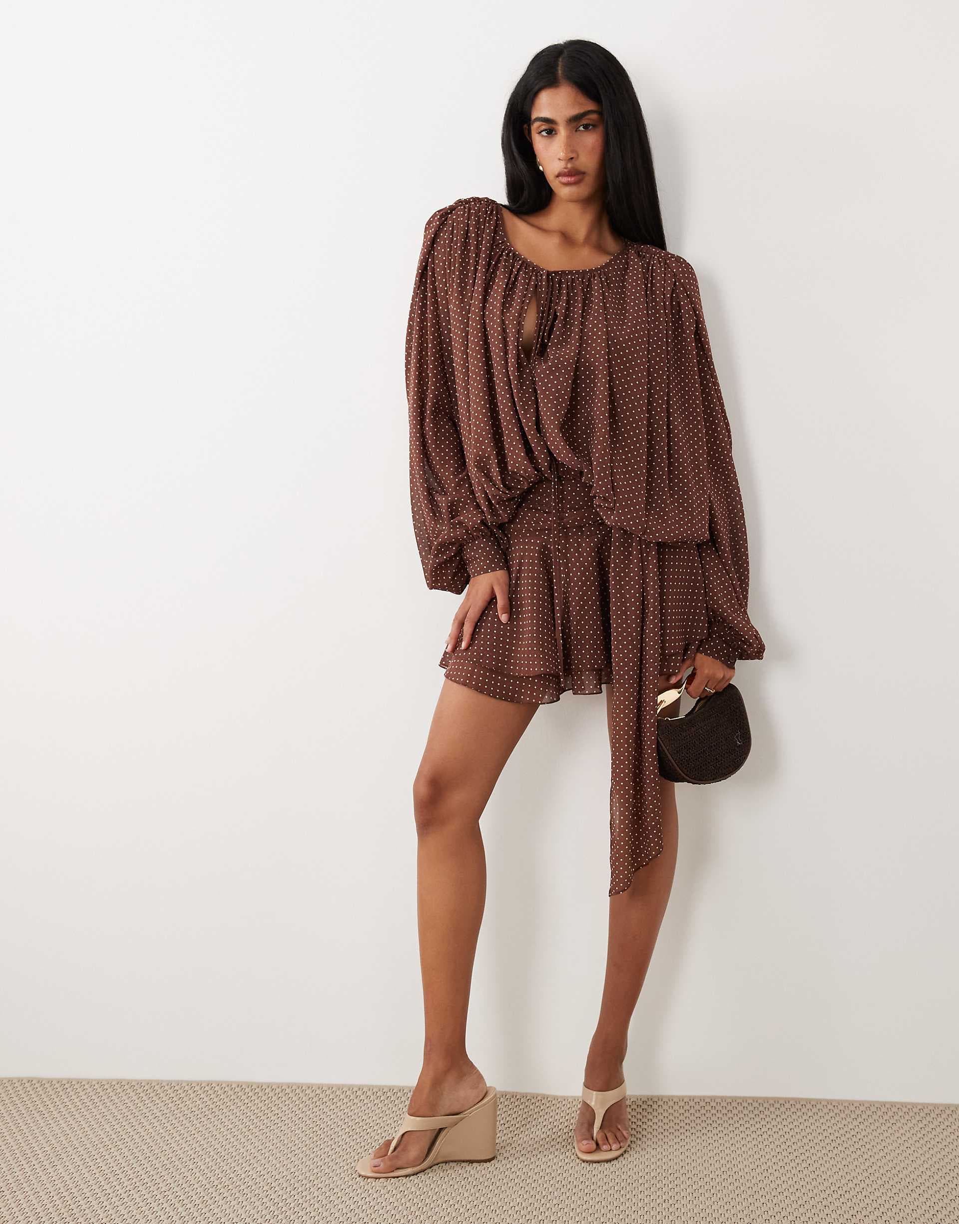 Lioness Elements chiffon drape detail balloon sleeve tie waist mini dress in chocolate and cream polka dots
