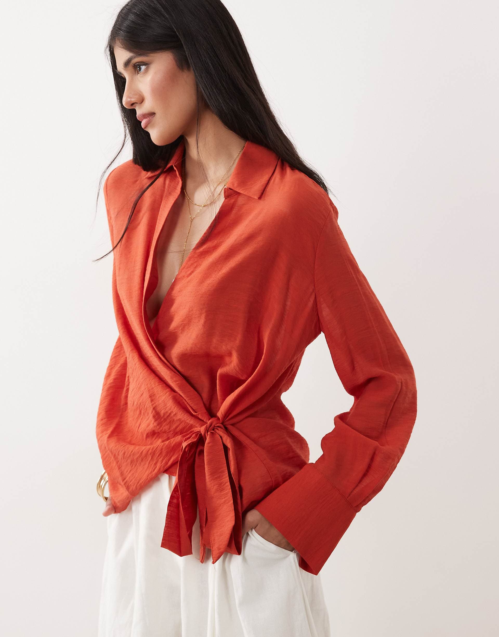 Mango oversized shirt with tie waist in red