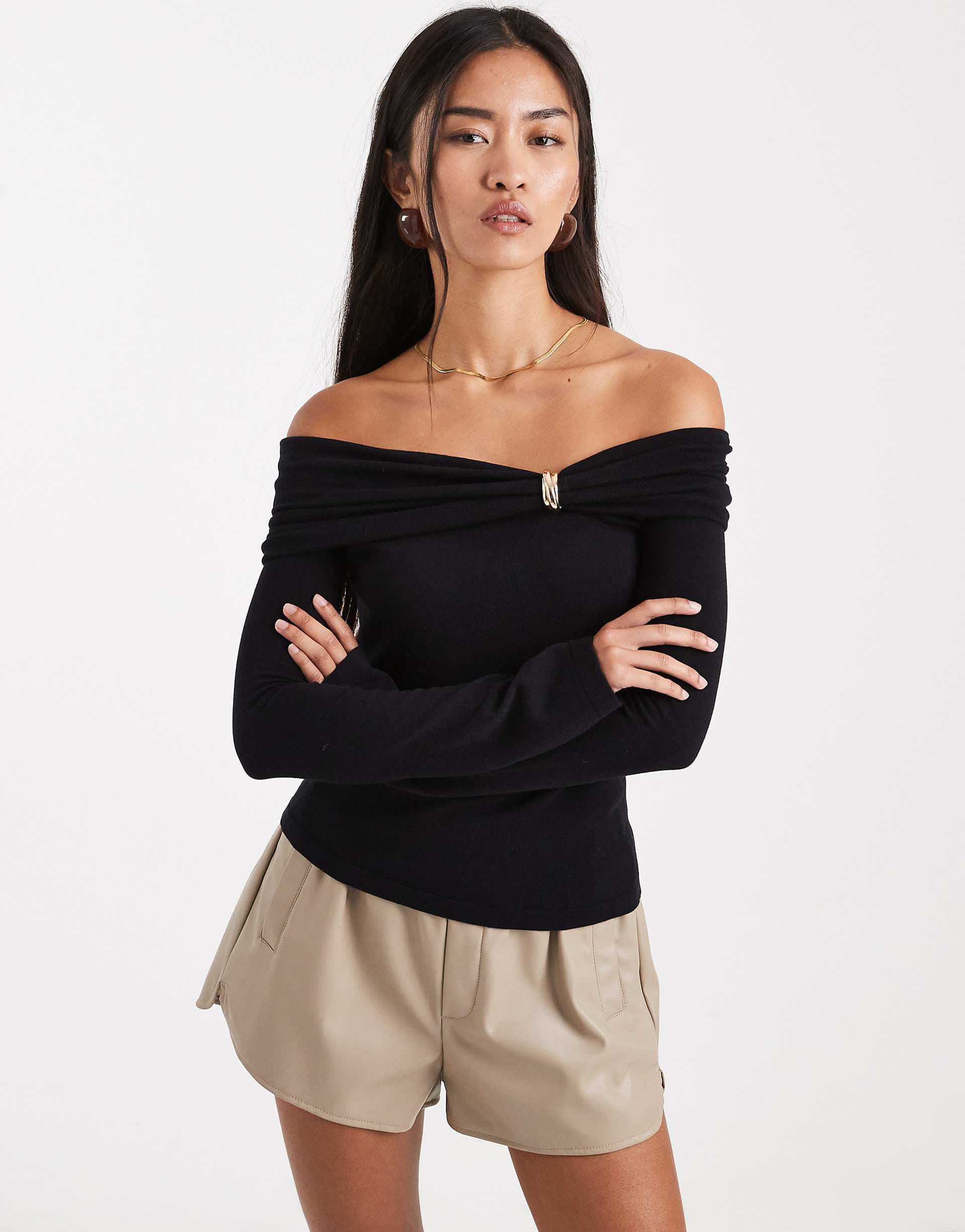 4th & Reckless knit off the shoulder gold-tone hardware detail sweater in black