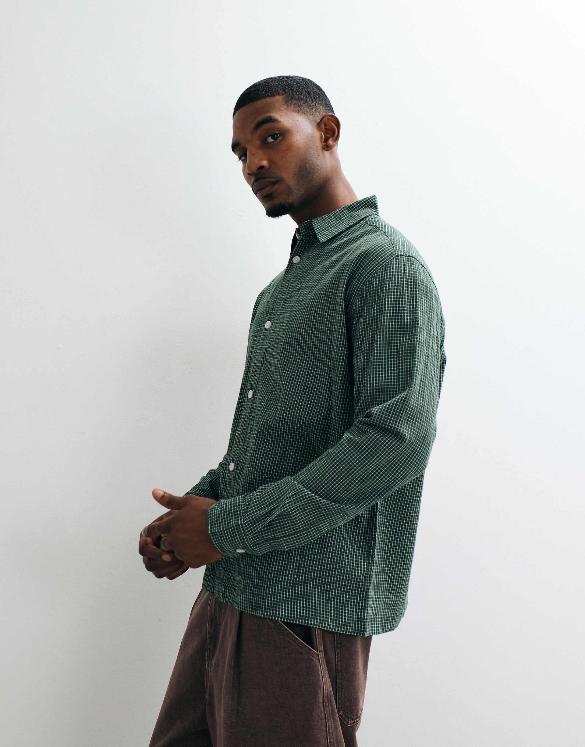 ASOS DESIGN relaxed micro check shirt with pockets in green
