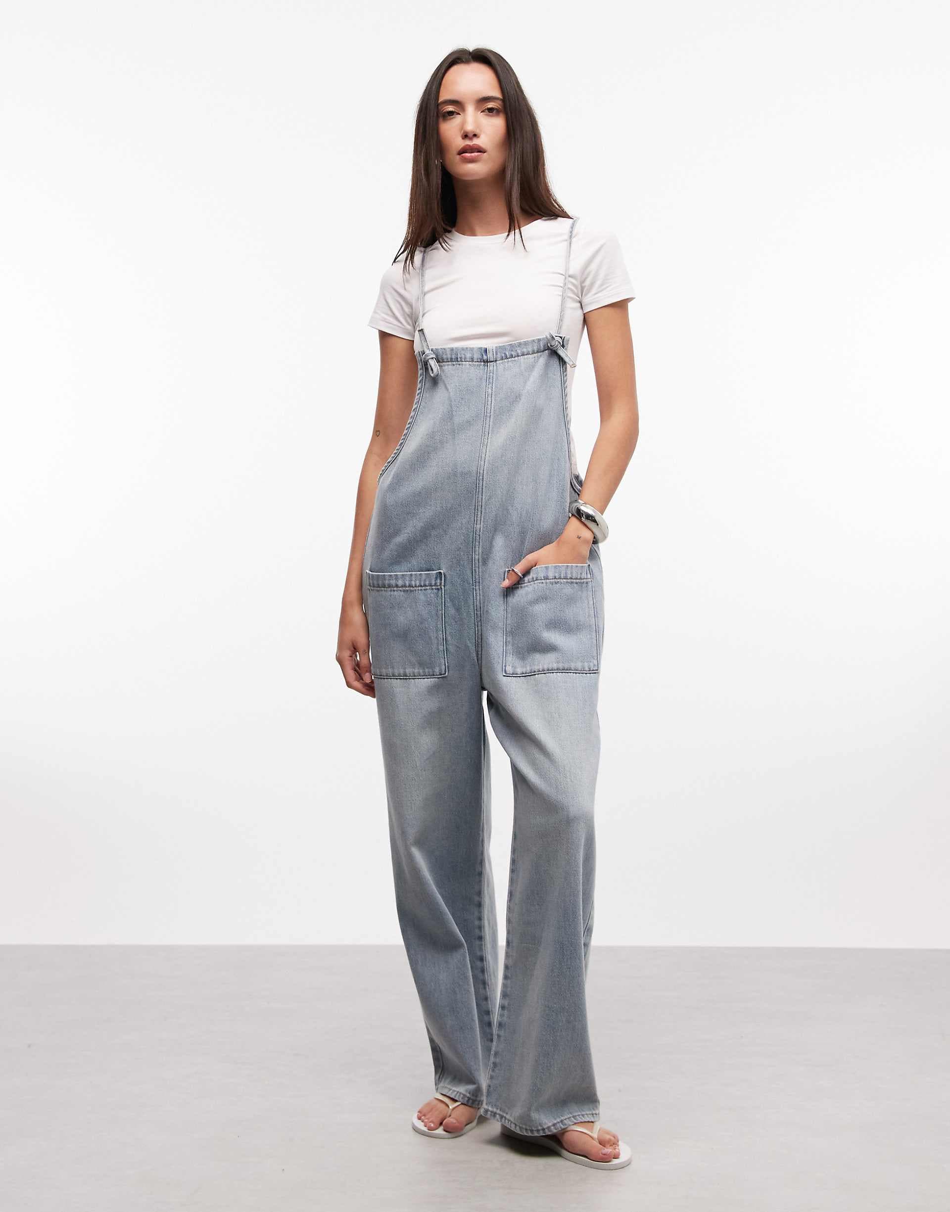 Monki denim wide leg jumpsuit in light blue wash