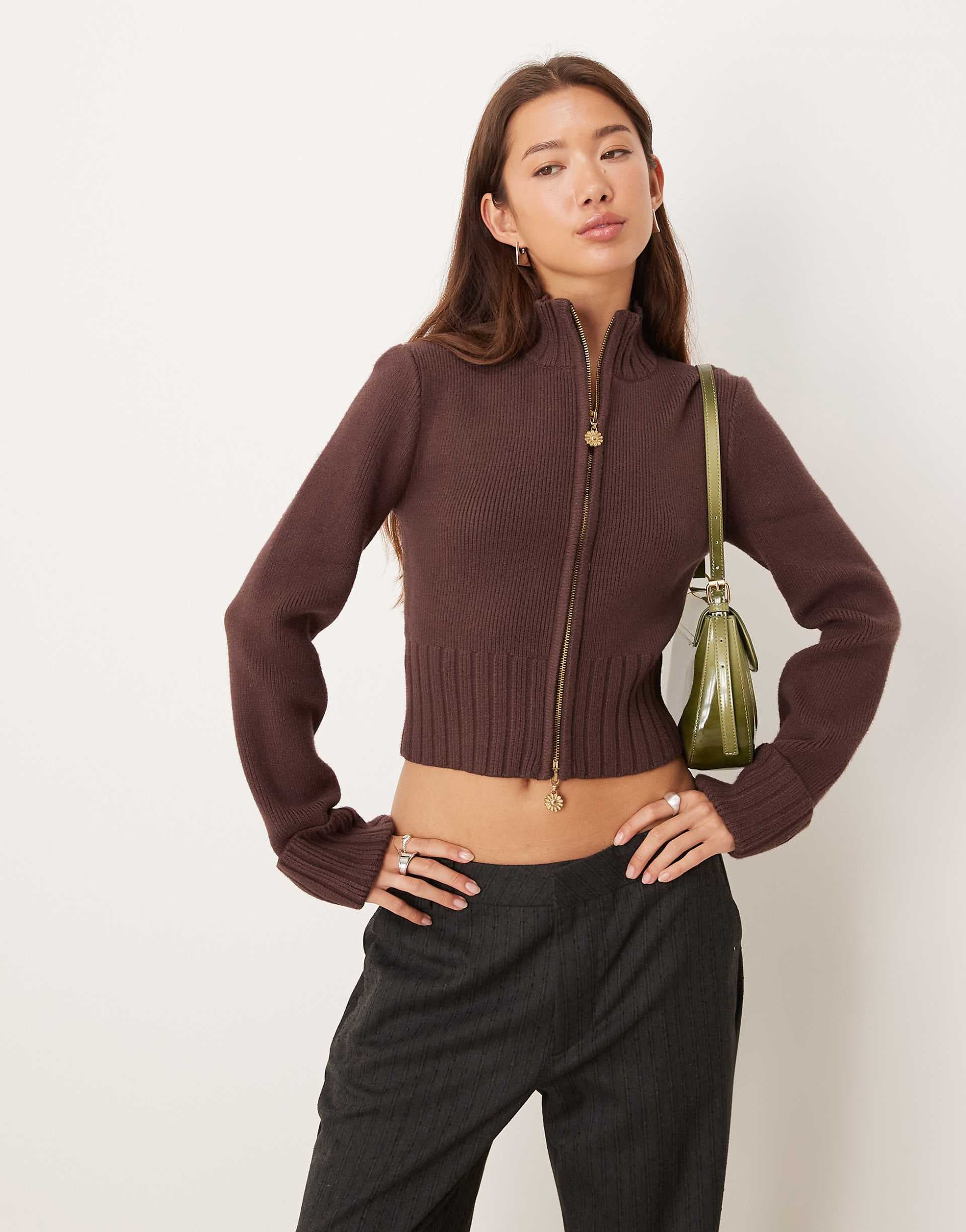 House of Sunny zip up sweater in rosewood brown