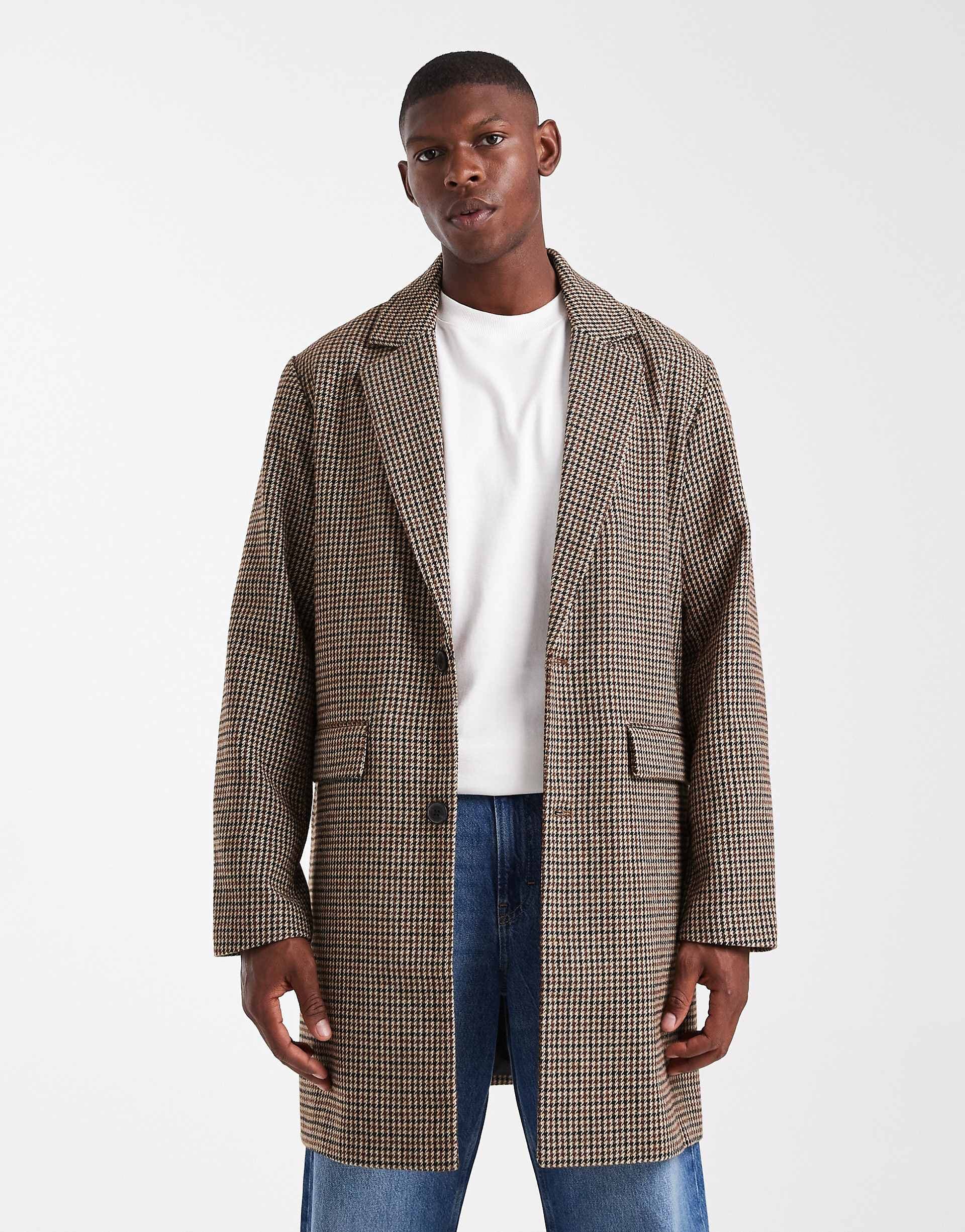 Jack & Jones wool look overcoat in brown plaid