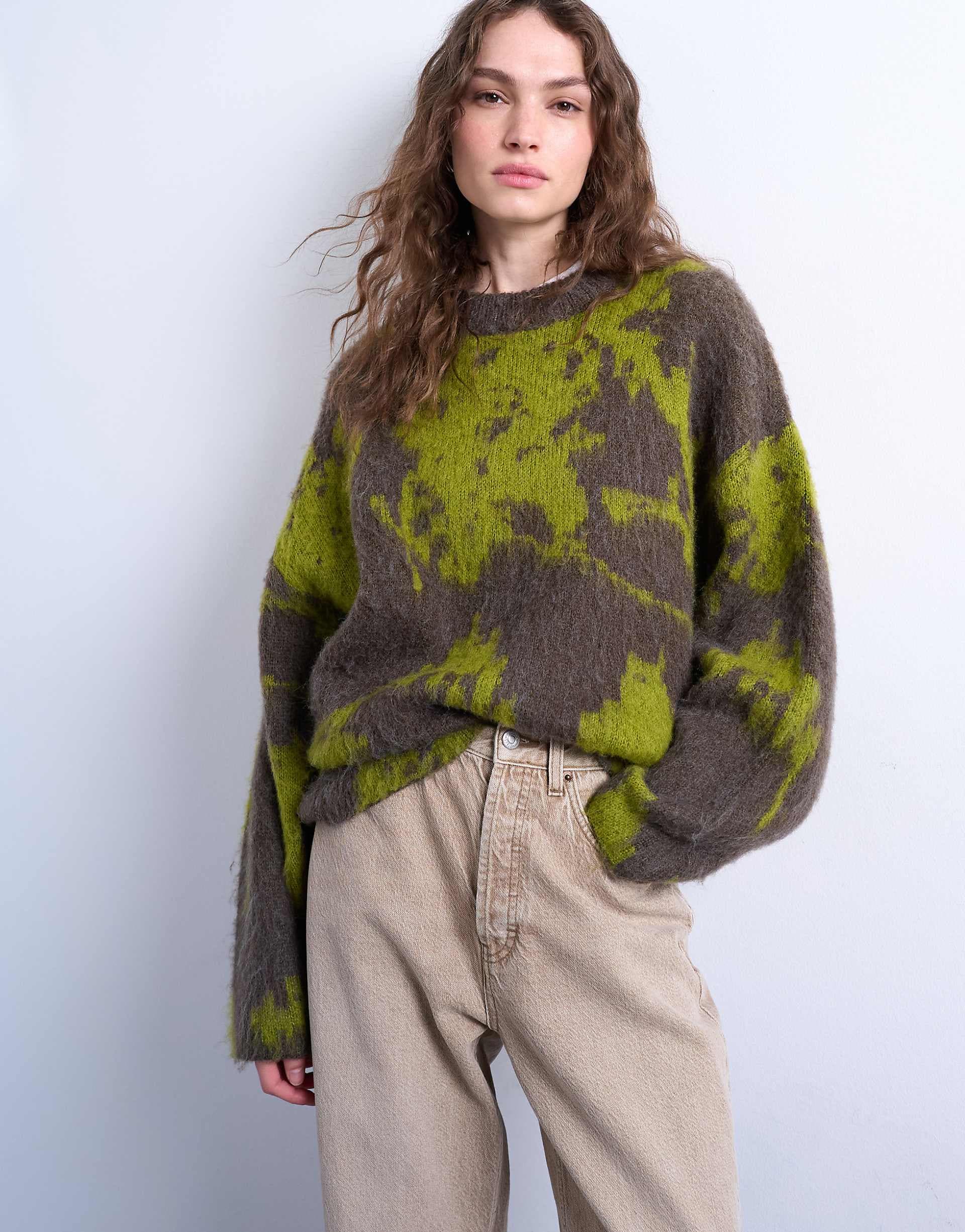 Topshop knit blurred floral sweater in green