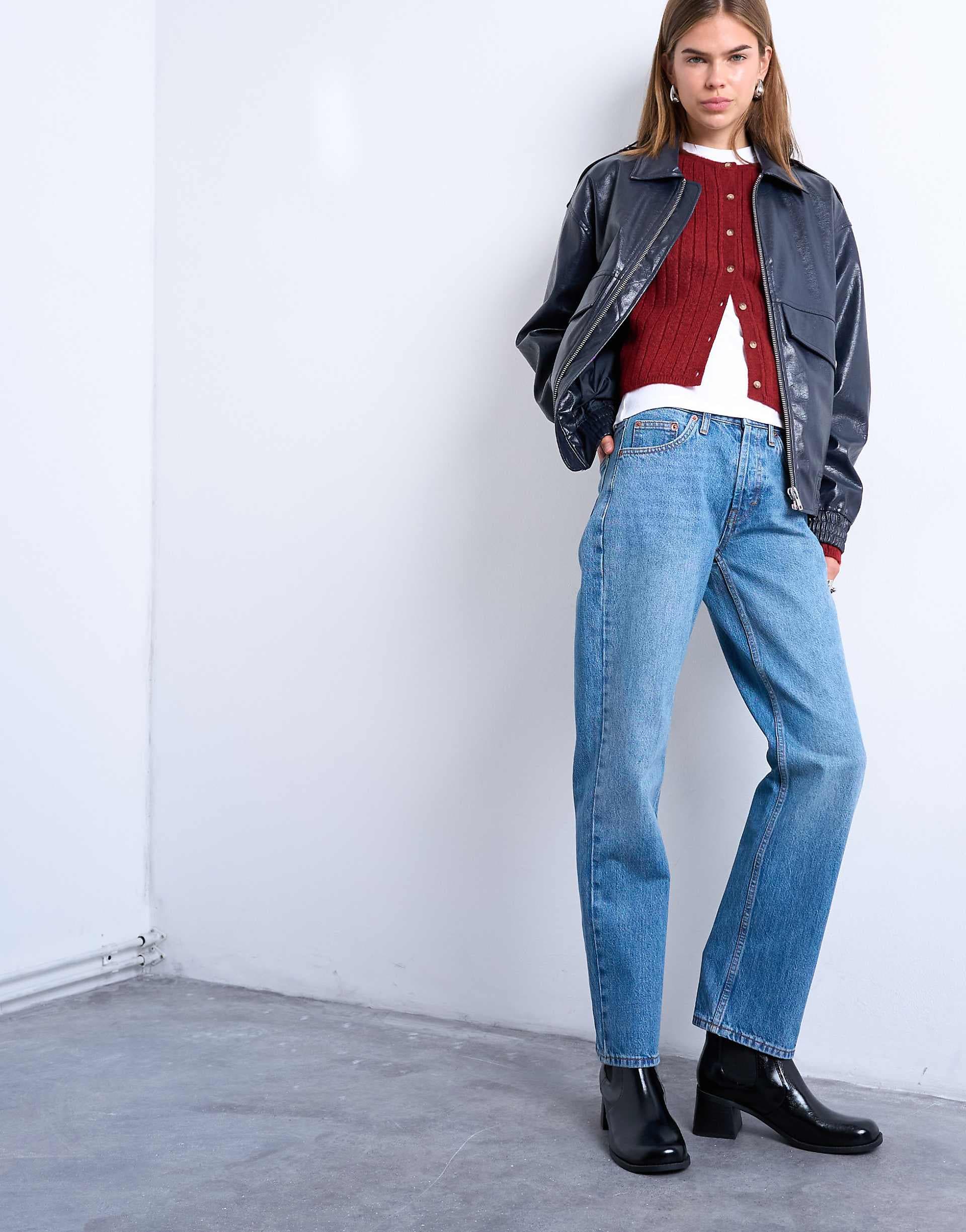 Topshop Runway mid rise straight jeans in mid blue