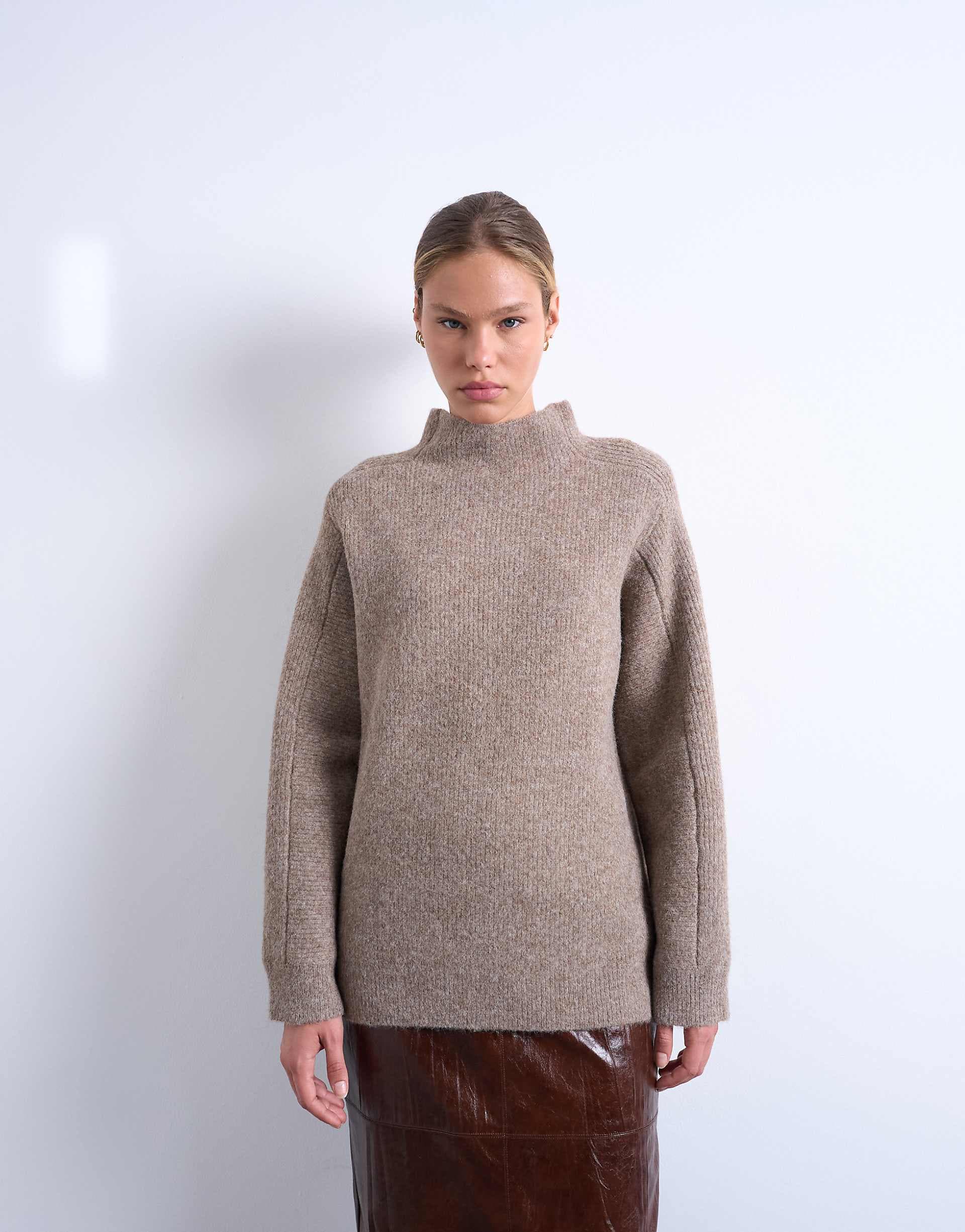 Topshop oversized high neck knit sweater in espresso