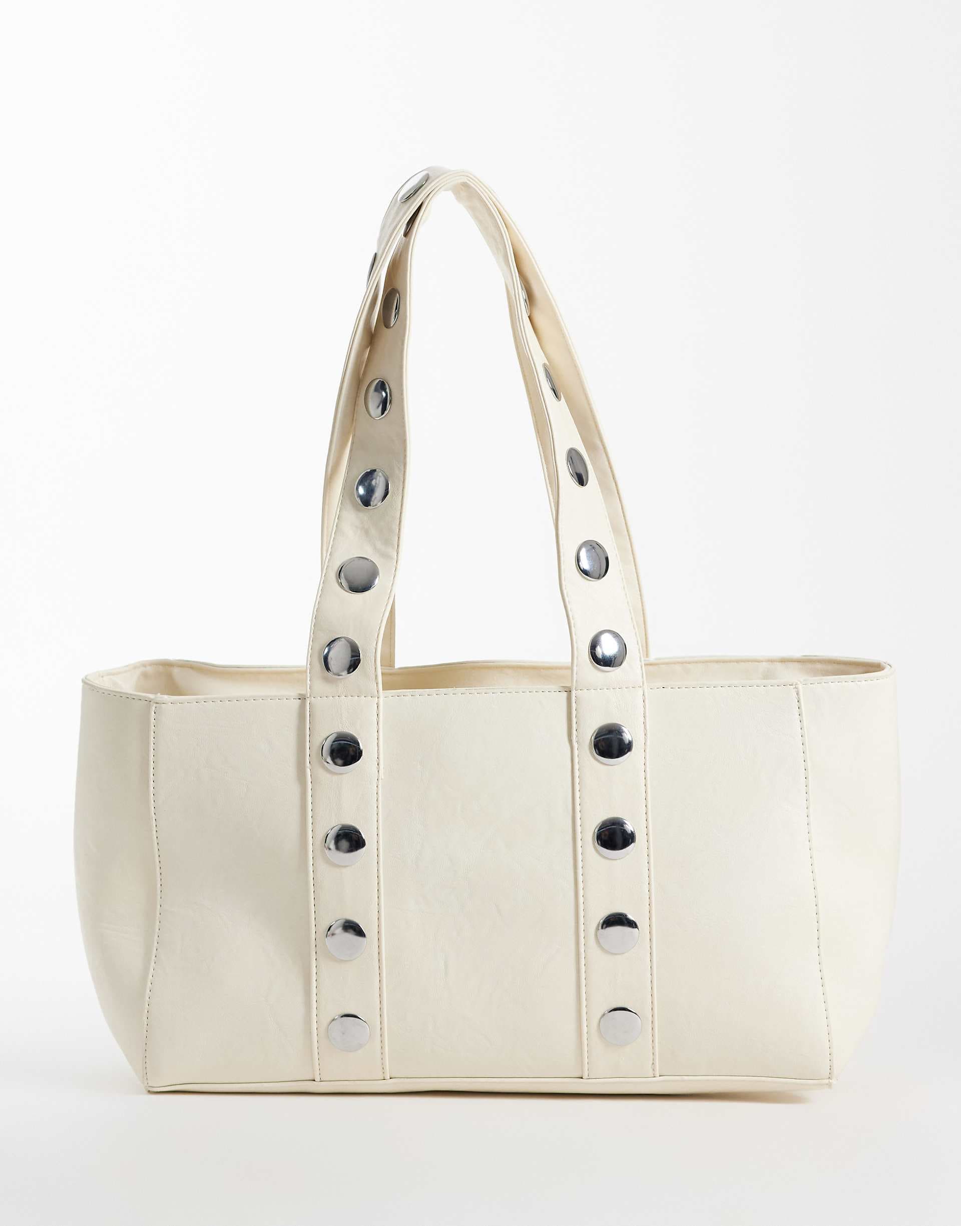 Kaiia exclusive faux leather silver studded tote bag in white