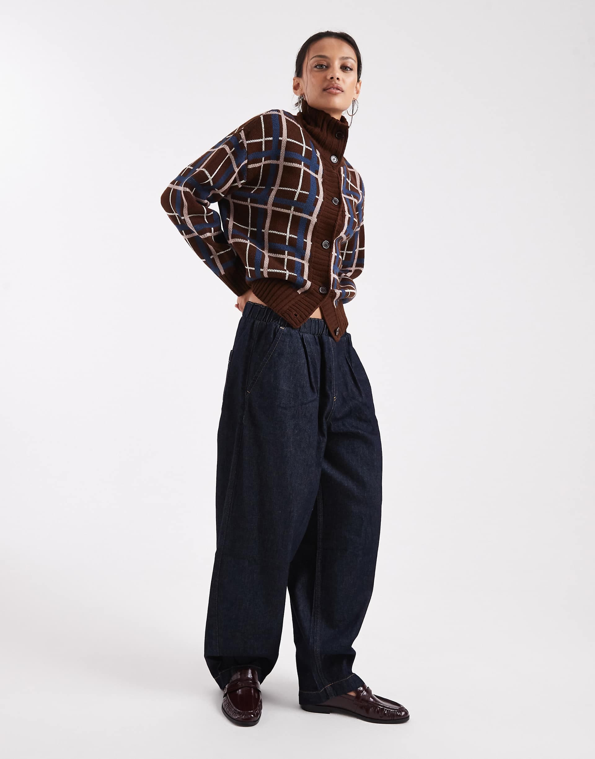 COLLUSION funnel neck check button down sweater in brown