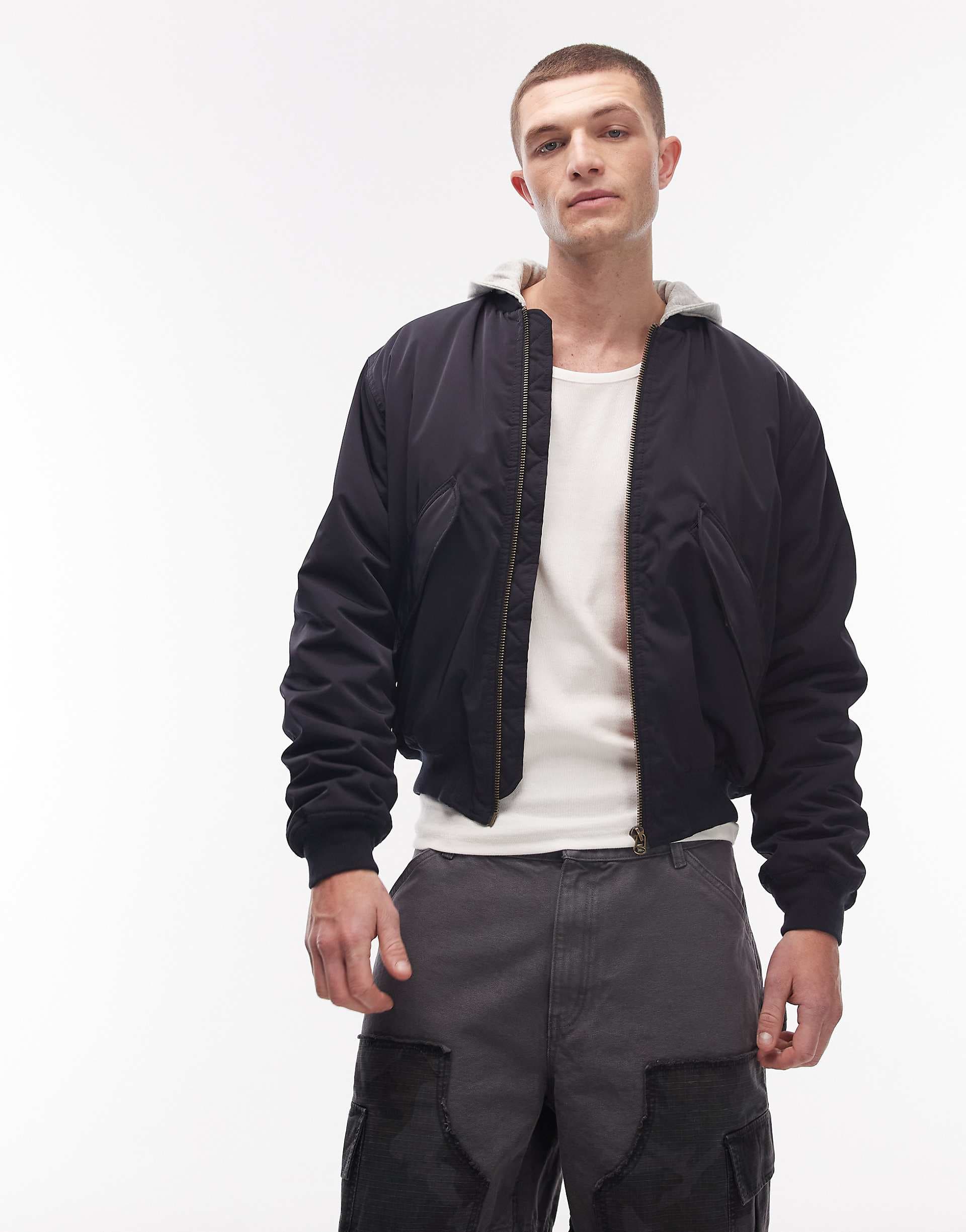 Weekday bomber jacket with jersey hood and contrast camo graphic sleeves in dark navy