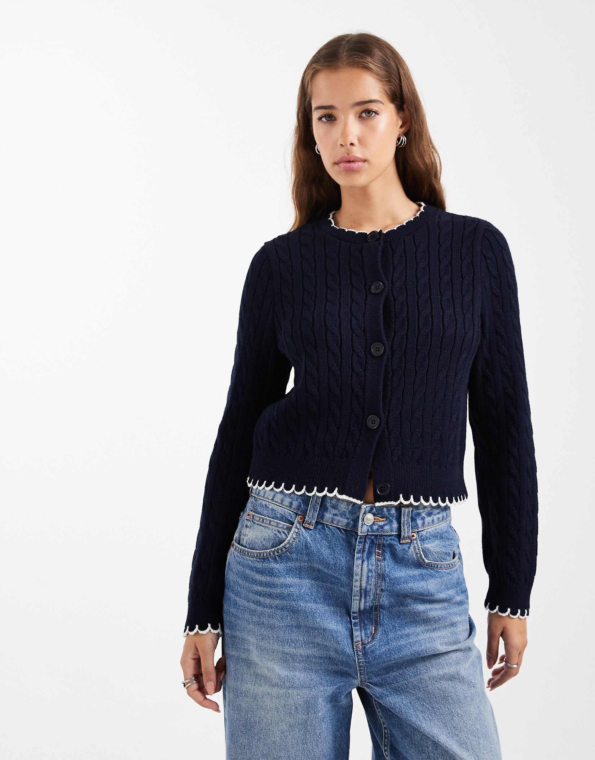 Miss Selfridge cable knit cardigan with blanket stitch detailing in navy