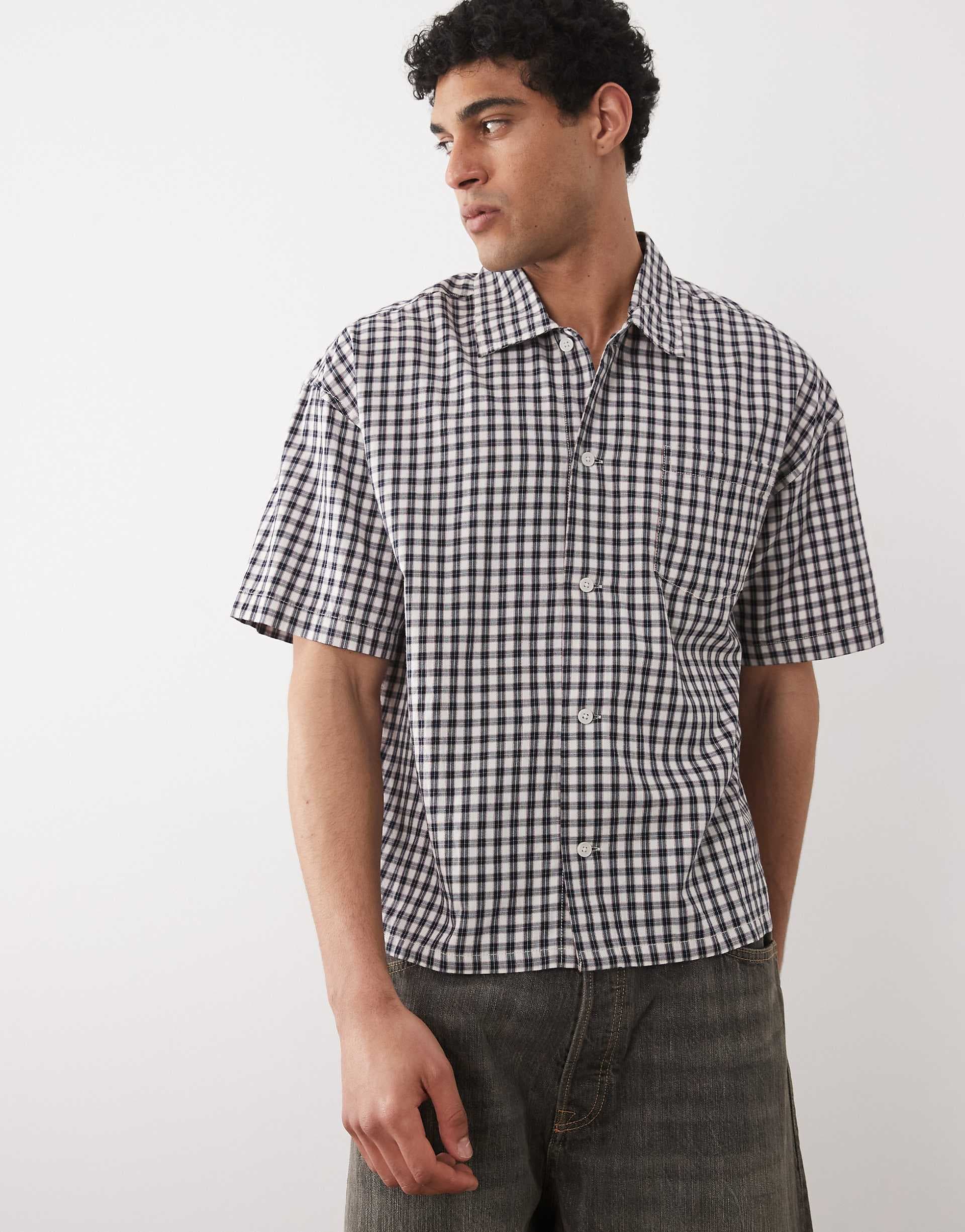Jack & Jones short sleeve micro checkered shirt in navy and white