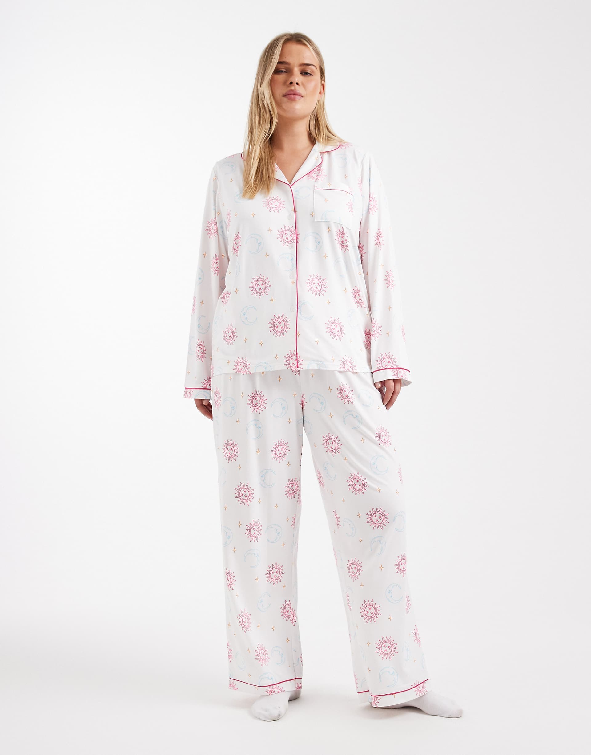Loungeable Curve super soft jersey camp collar top and wide leg pajama set in celestial multi