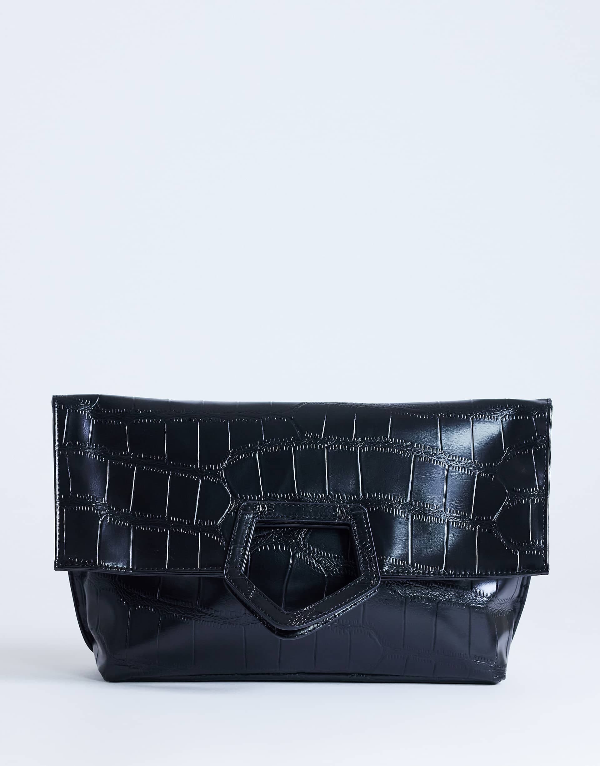 Topshop Gregry folded oversized clutch bag in black croc