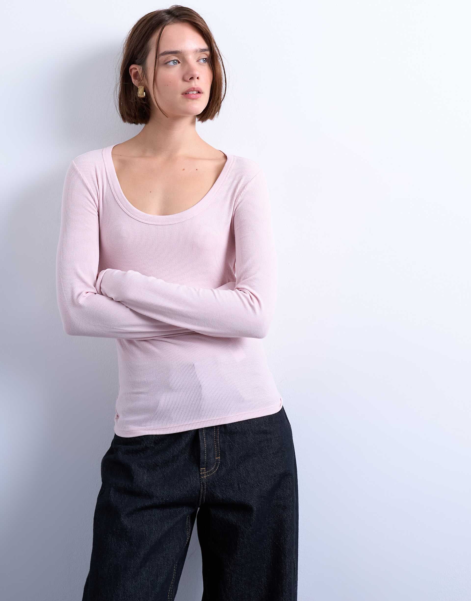 Topshop premium ribbed long sleeve wide scoop neck top in light pink