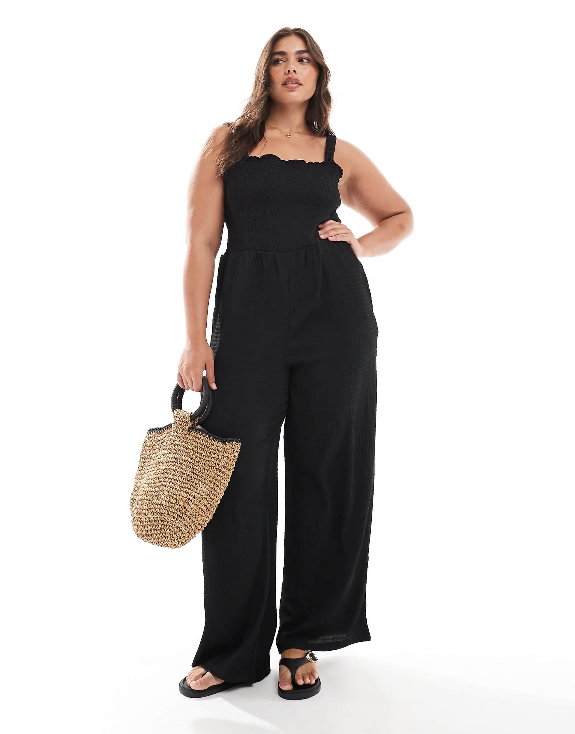 ONLY Curve shirred jumpsuit in black