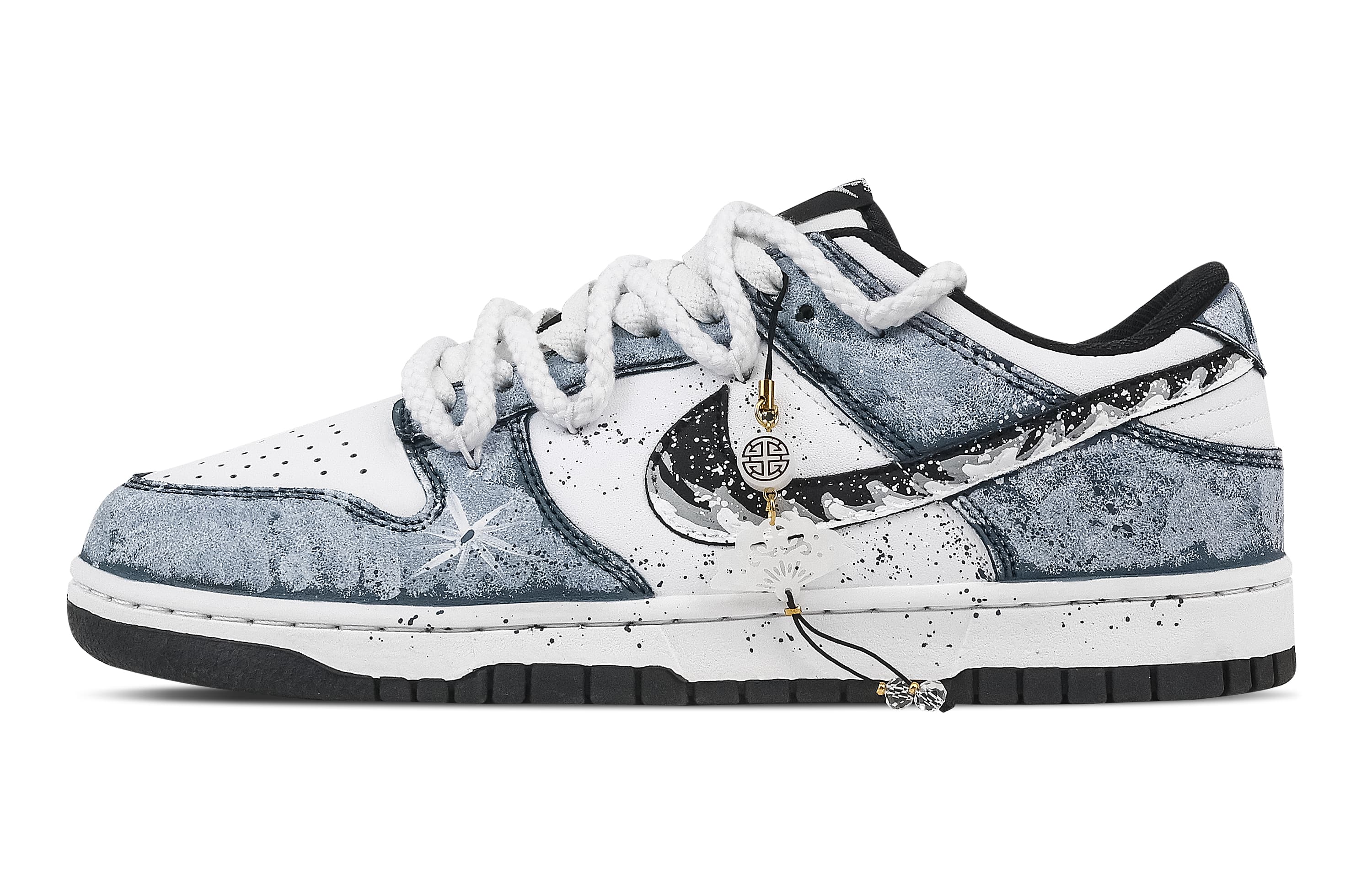Custom Nike Dunk 'Ink Wave Starfall' Leather Low-Top Skate Shoes Unisex White Blue