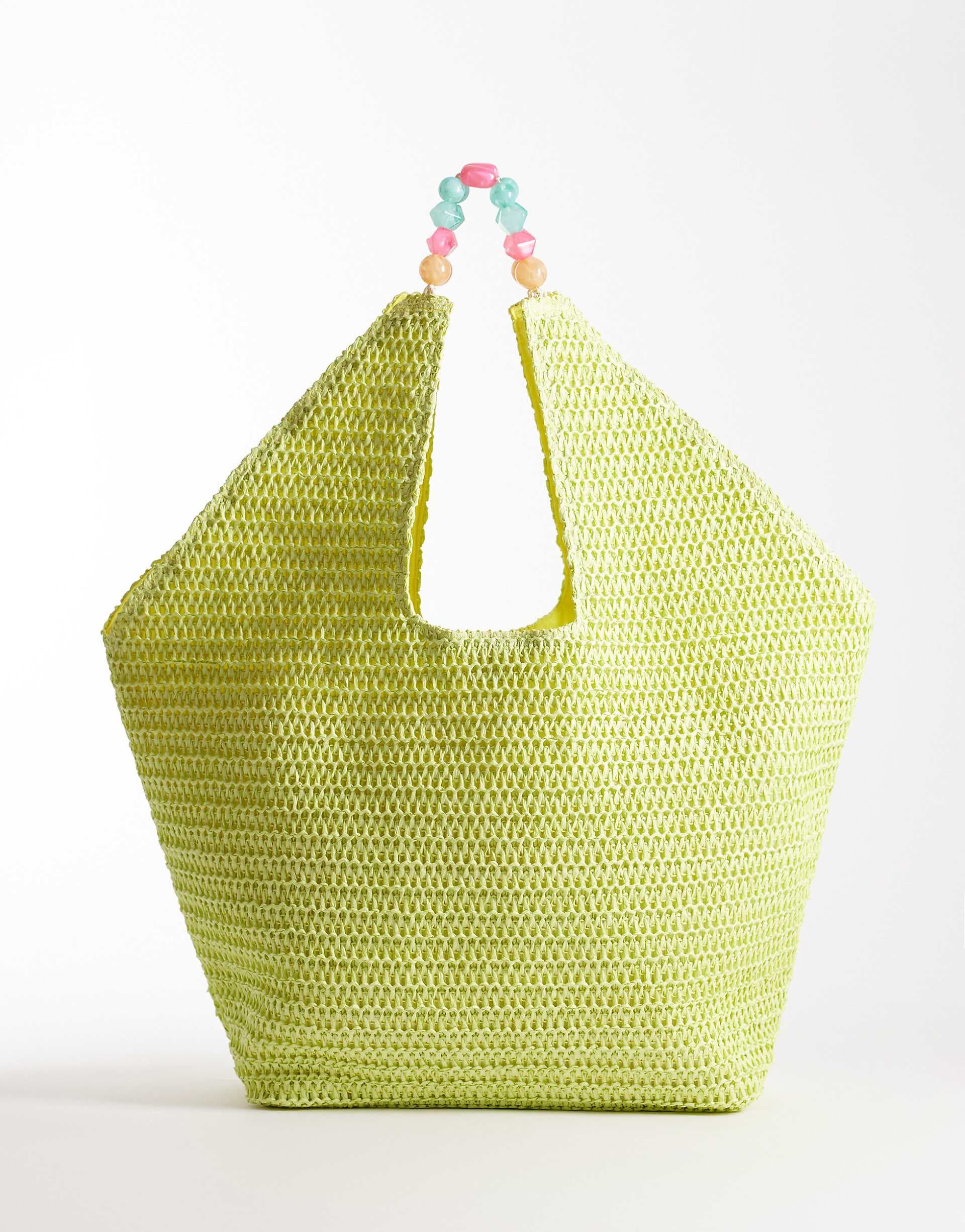 South Beach oversized landscape shoulder tote bag with resin bead handle in lime green