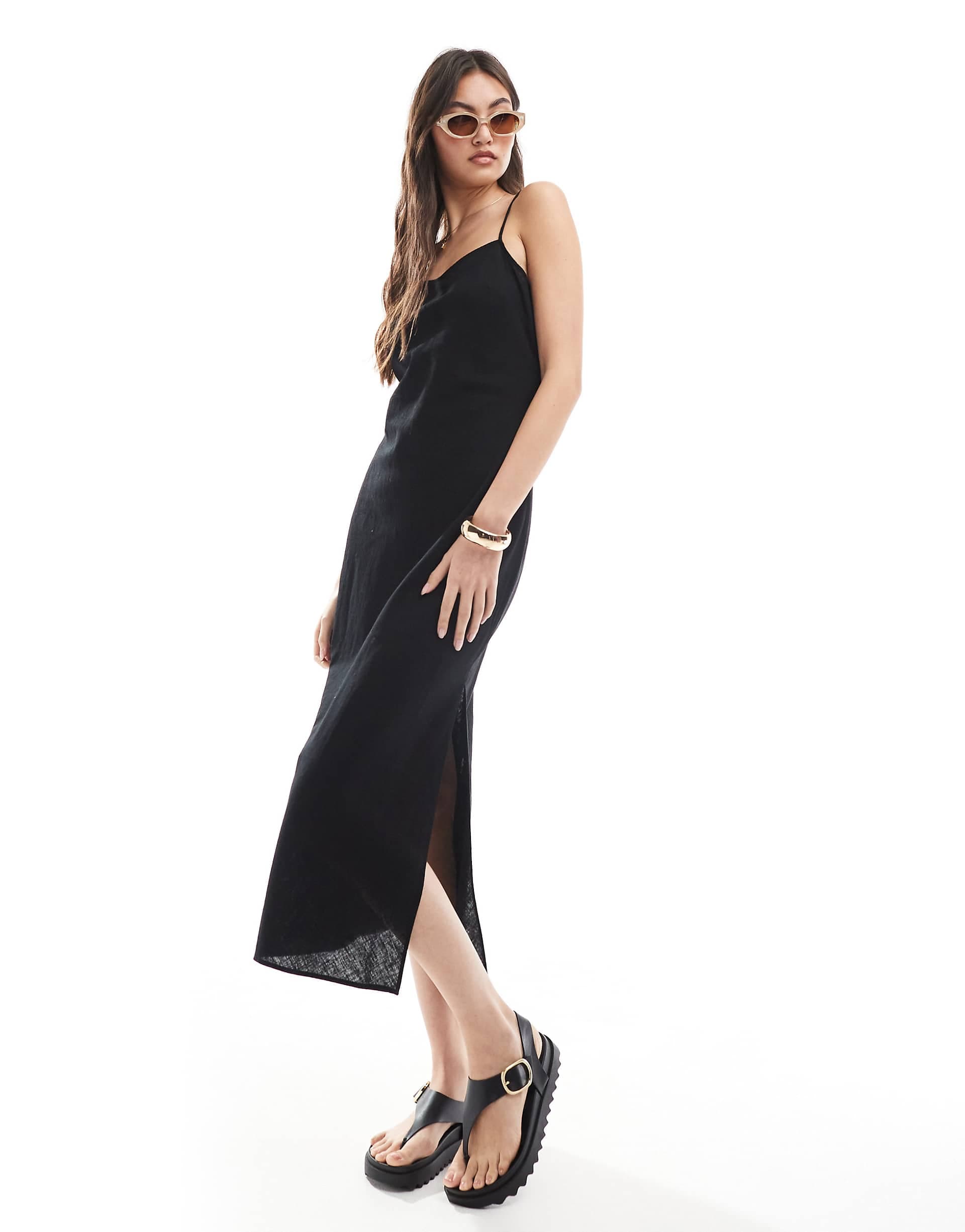 Monki linen midaxi slip dress in black - exclusive to ASOS