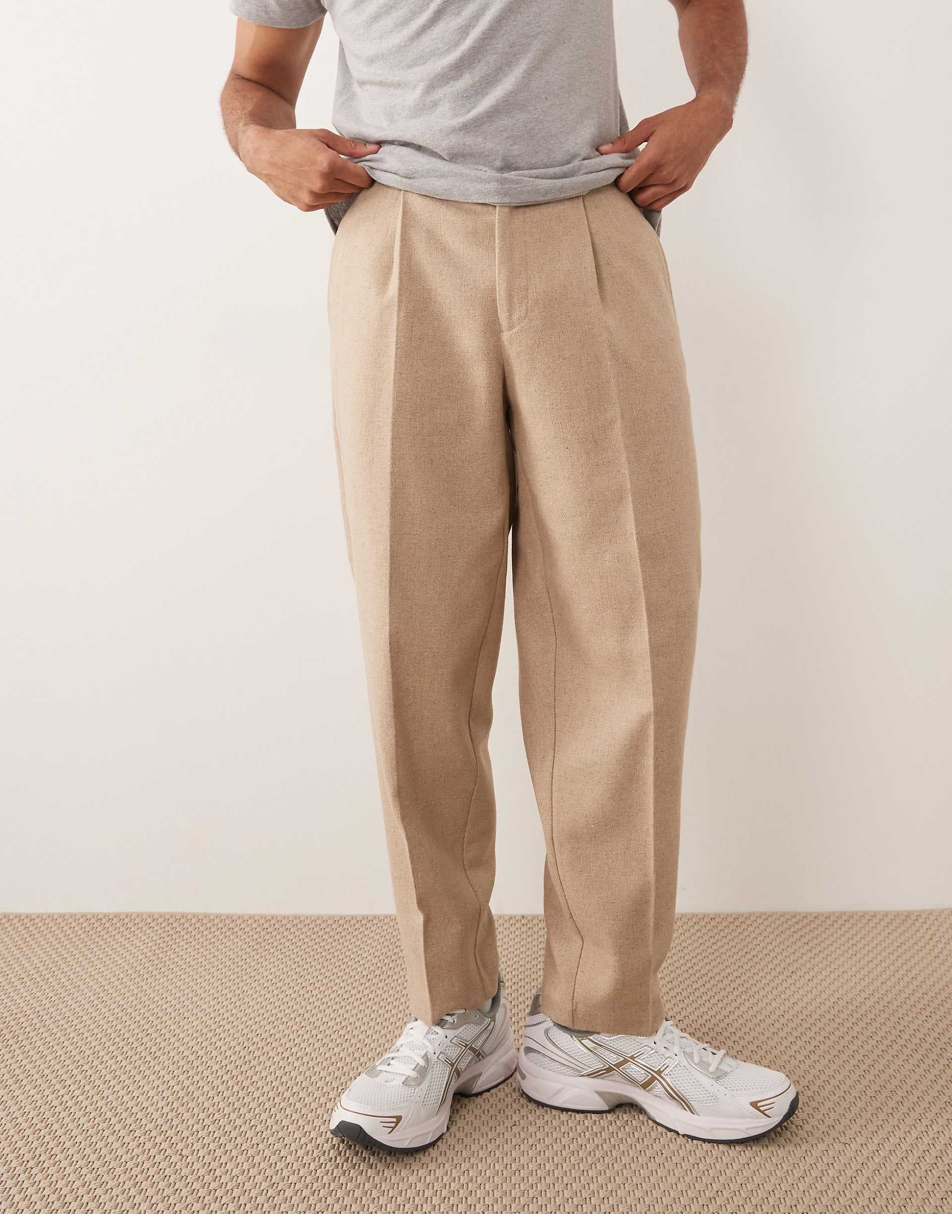 ASOS DESIGN tailored pleated oversized tapered pants with wool blend in stone