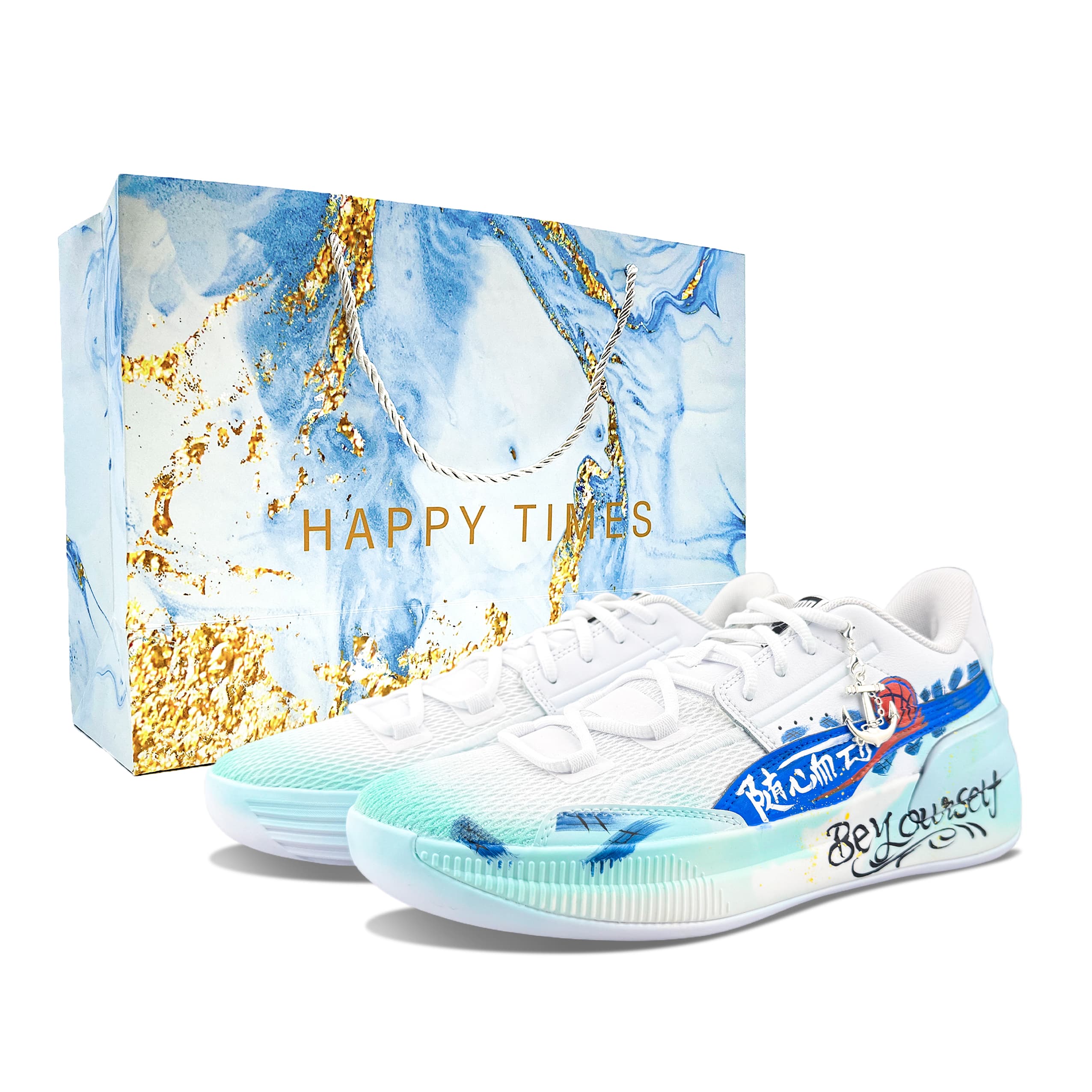 Custom Sneakers PUMA Clyde Hardwood Team Follow Your Heart Gift Bag Enhanced Niche Trendy Fashion Wear-Resistant Low-Top Basketball Shoes Men's White Blue