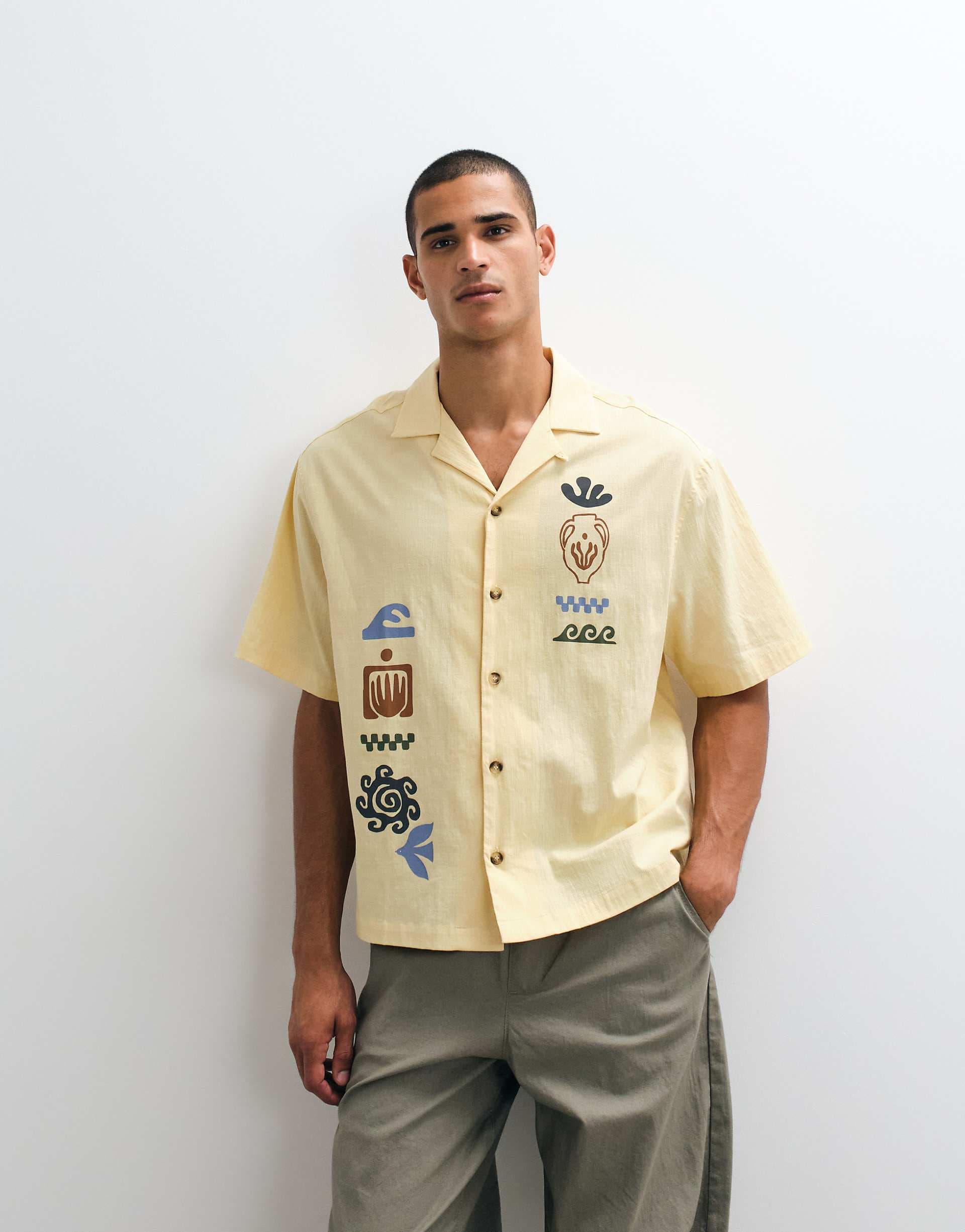 ASOS DESIGN boxy oversized camp collar shirt with placement print in yellow