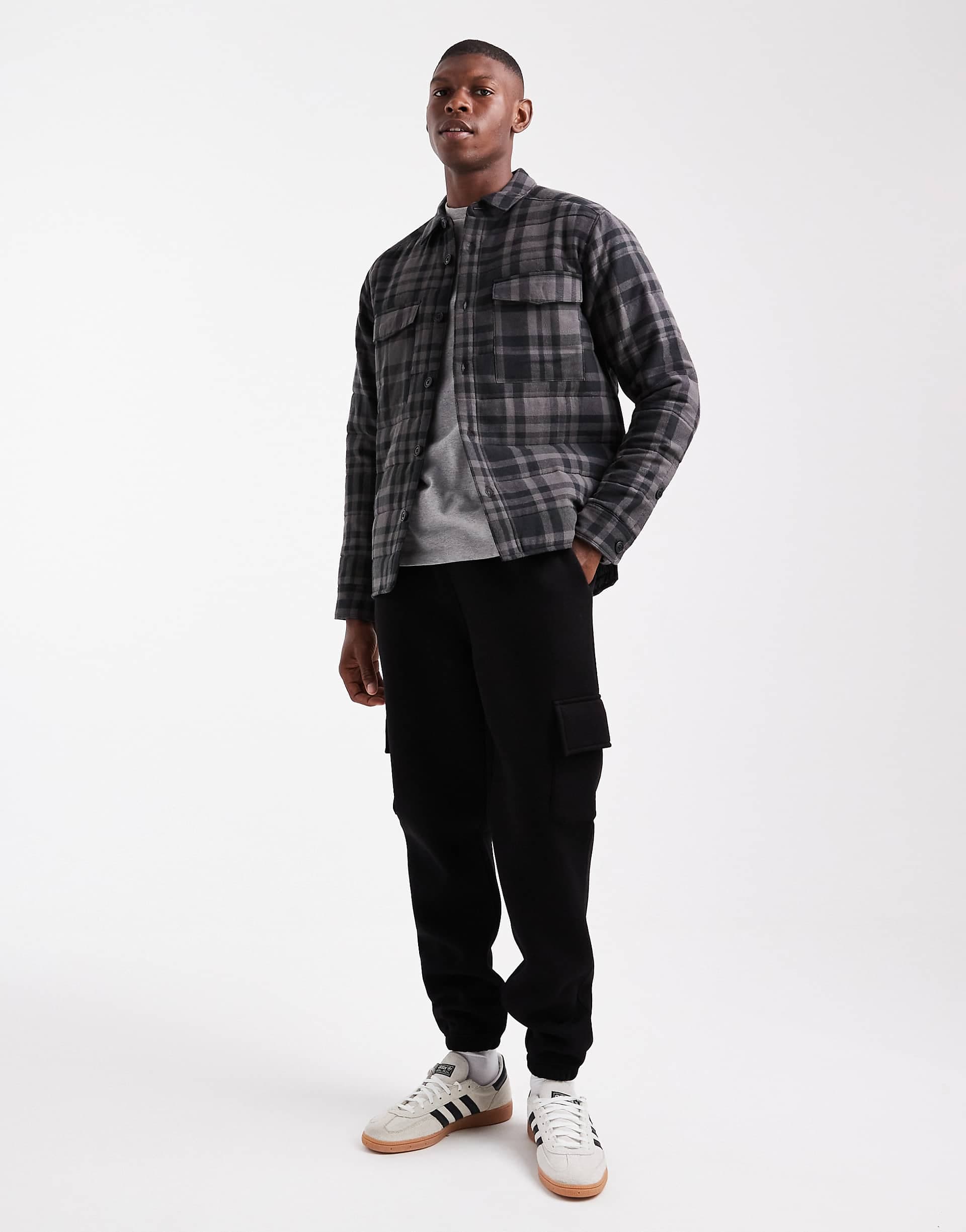 ONLY & SONS quilted check jacket in black and gray check