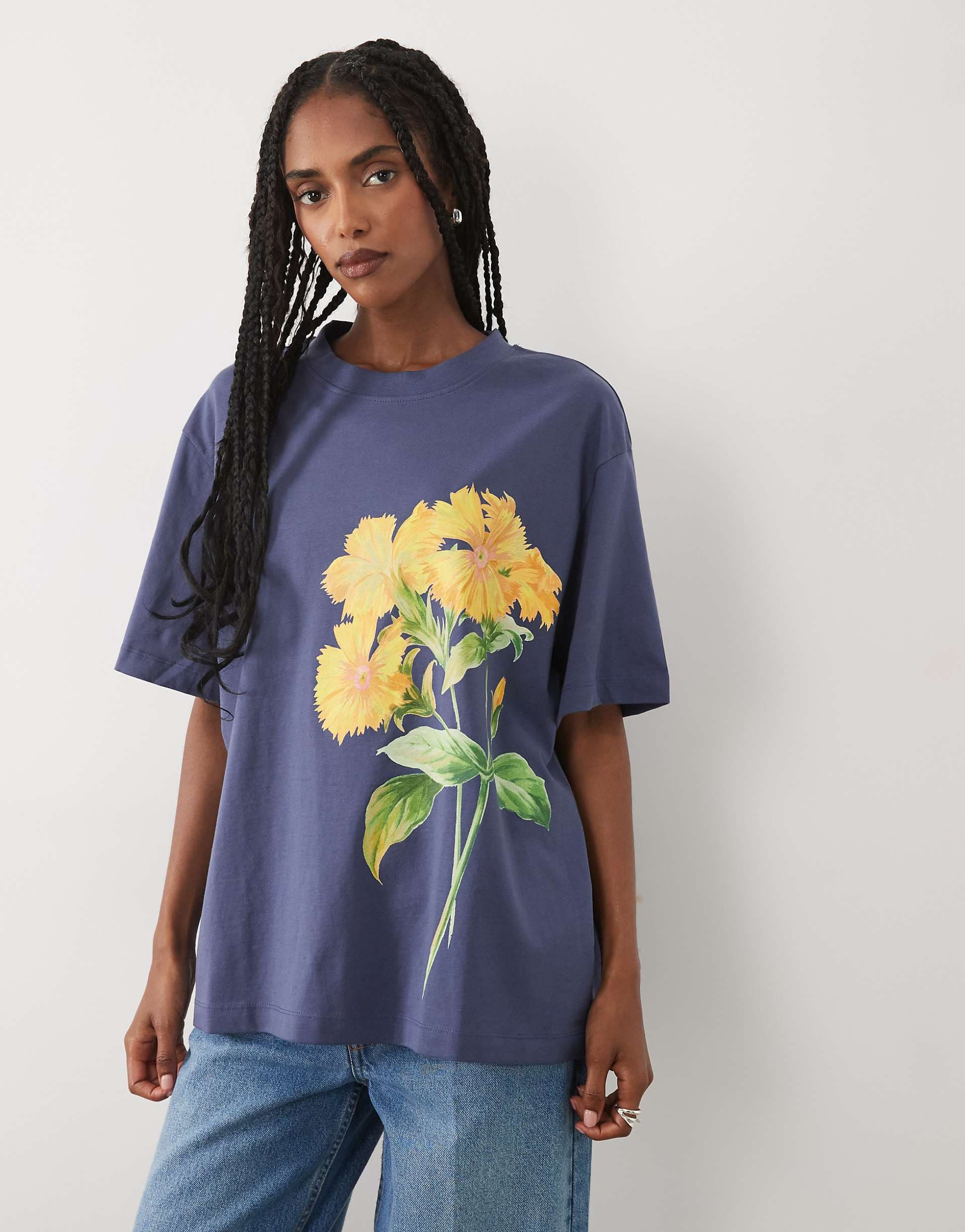 ASOS DESIGN oversized T-shirt with yellow flower graphic in blue