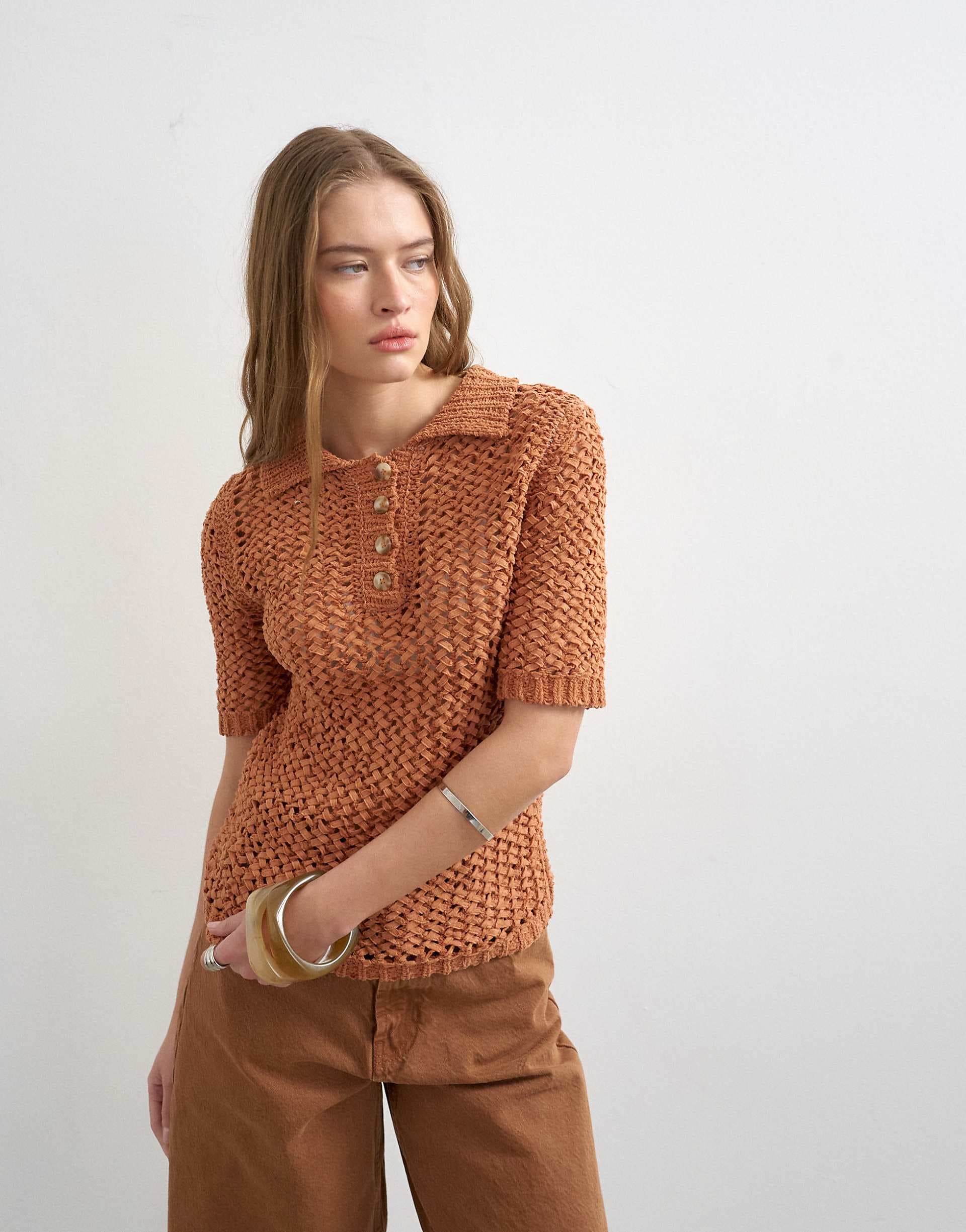 Topshop knit tape yarn polo shirt in rust
