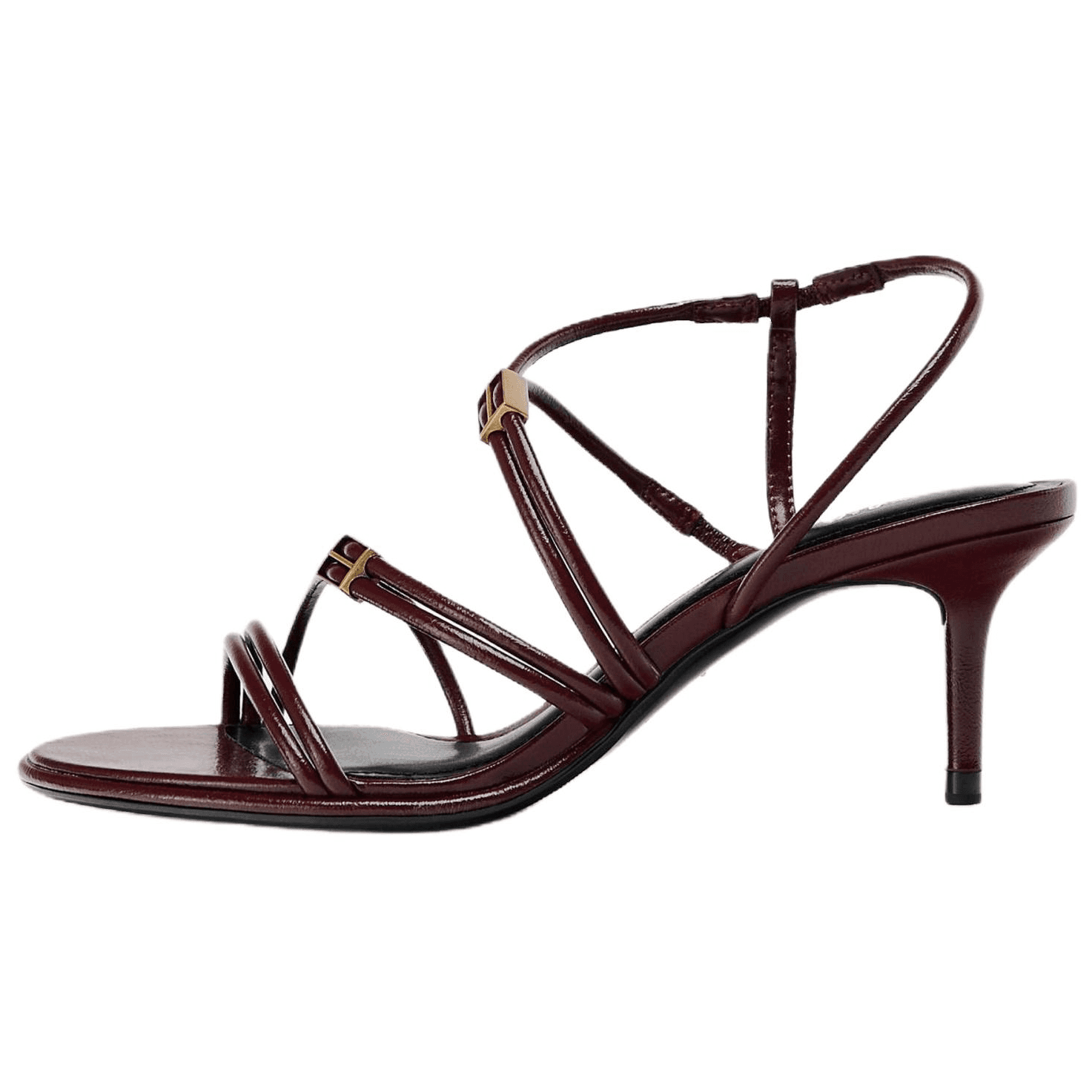 ZARA PU Lightweight Retro Strap Square-Toe Stiletto Sandals 7cm Women's Maroon