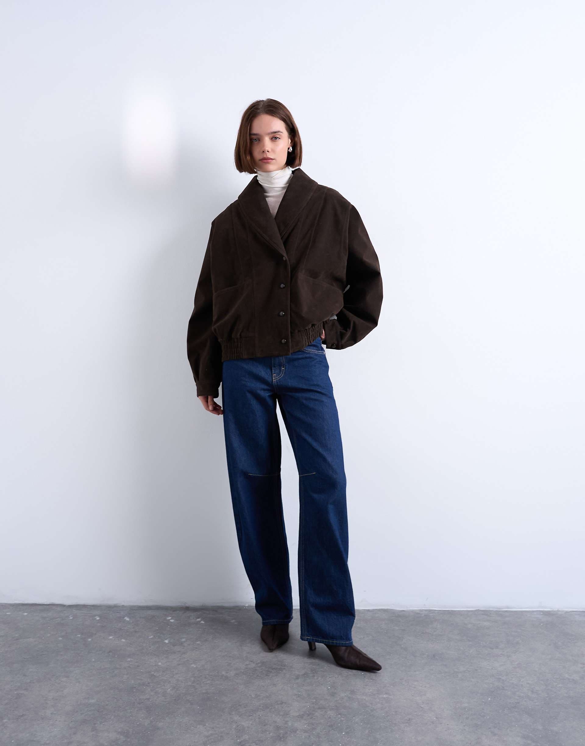 Topshop oversized faux suede shawl collar bomber jacket in chocolate
