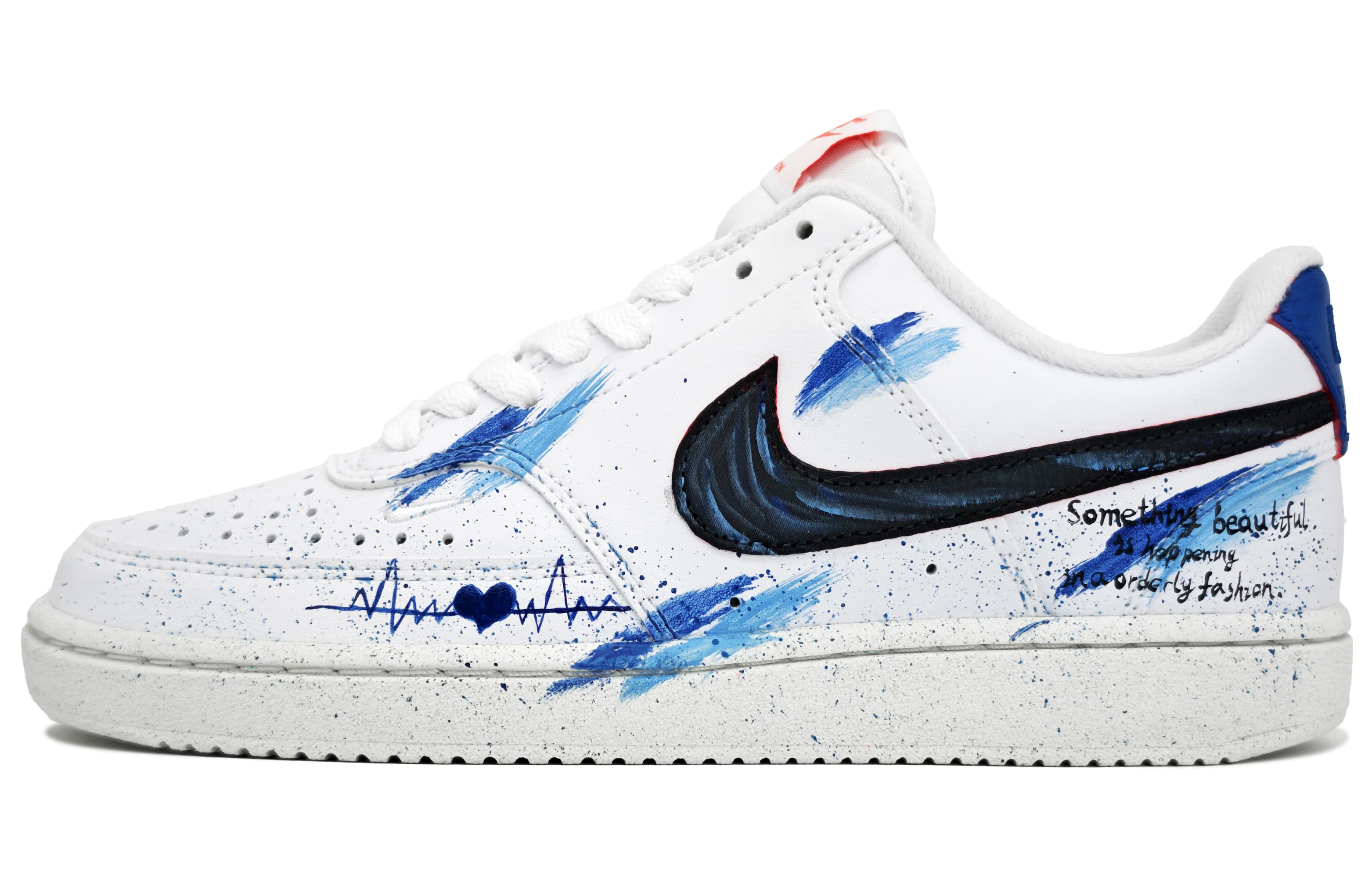 Custom Sneakers: Nike Court Vision LO NN 'Heart Ink Blue Rhyme' Hand-Painted Simple Versatile Splash Paint Heartbeat Line Wear-Resistant Low-Top Sneakers Women's Pink