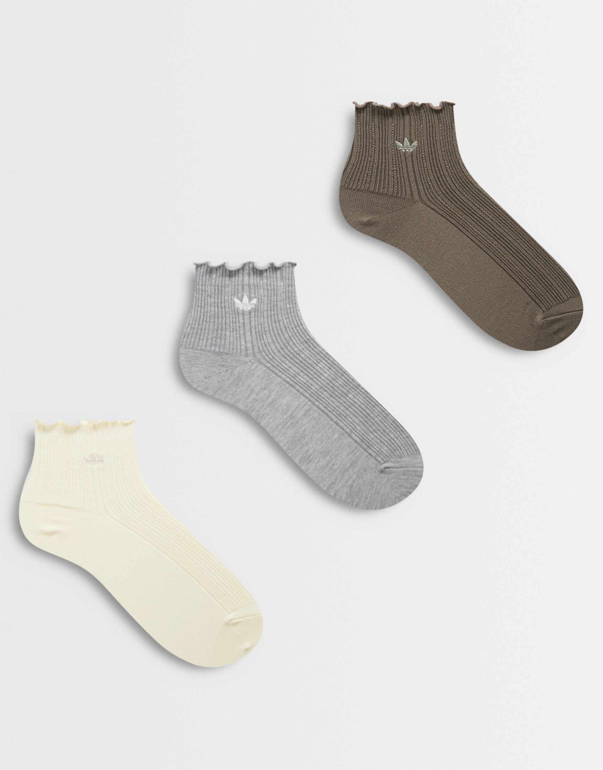 adidas Originals ruffle 3 pack ankle socks in neutral multi