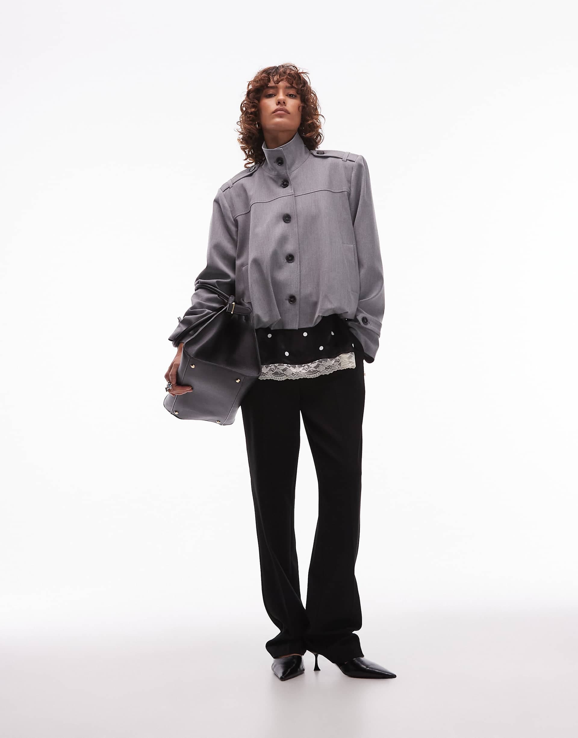 ASOS DESIGN tailored funnel neck tab detail jacket in charcoal