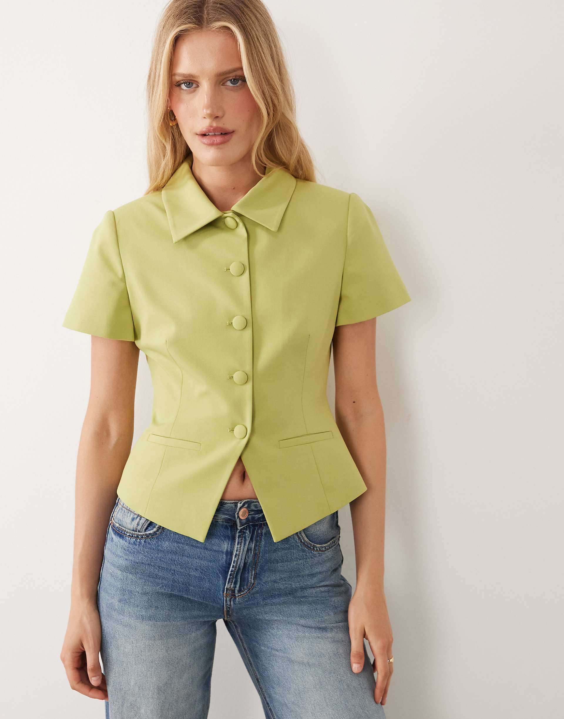 ASOS DESIGN cinch short sleeve collar blazer in green