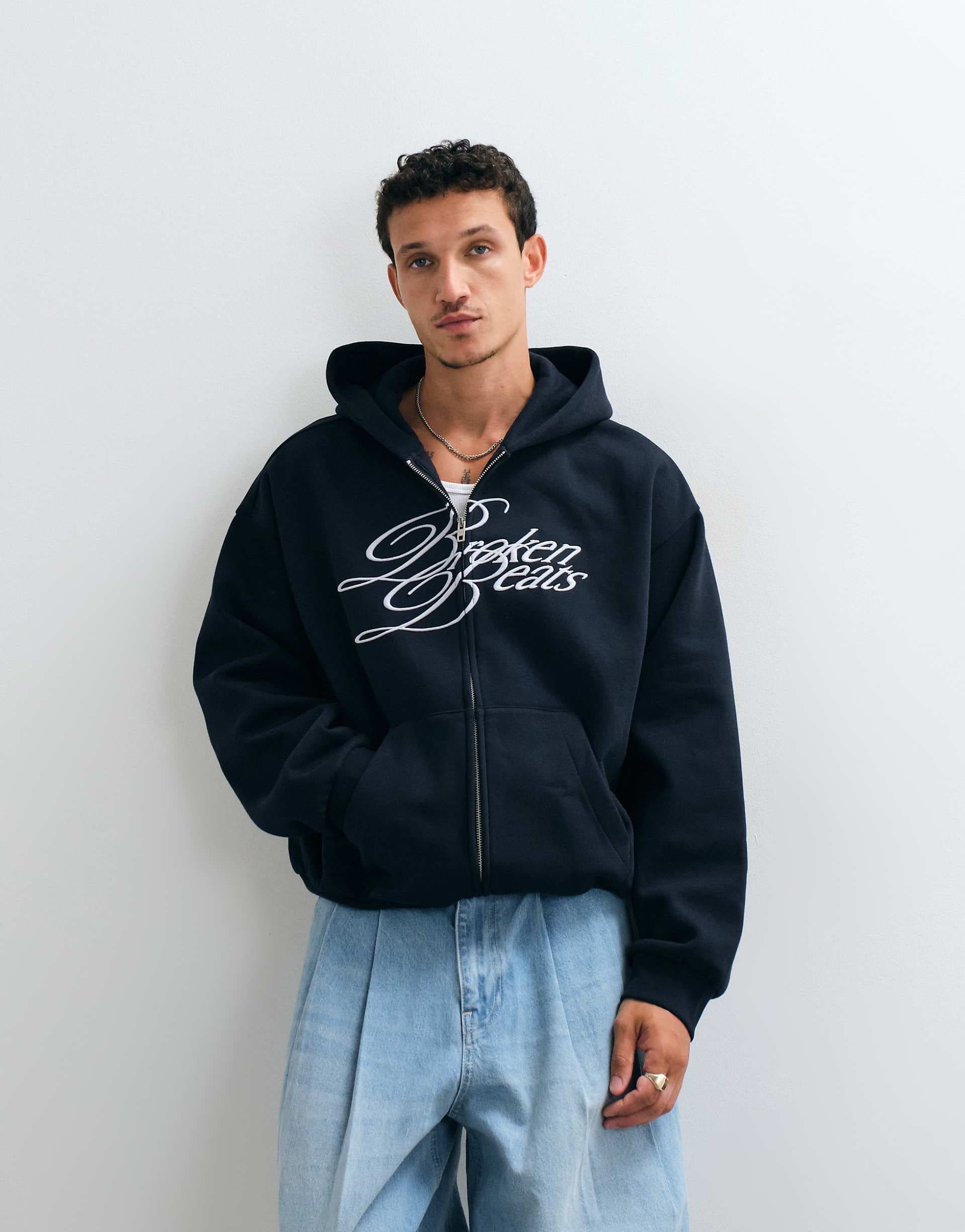 Weekday oversized zip up hoodie with broken beats embroidery in navy