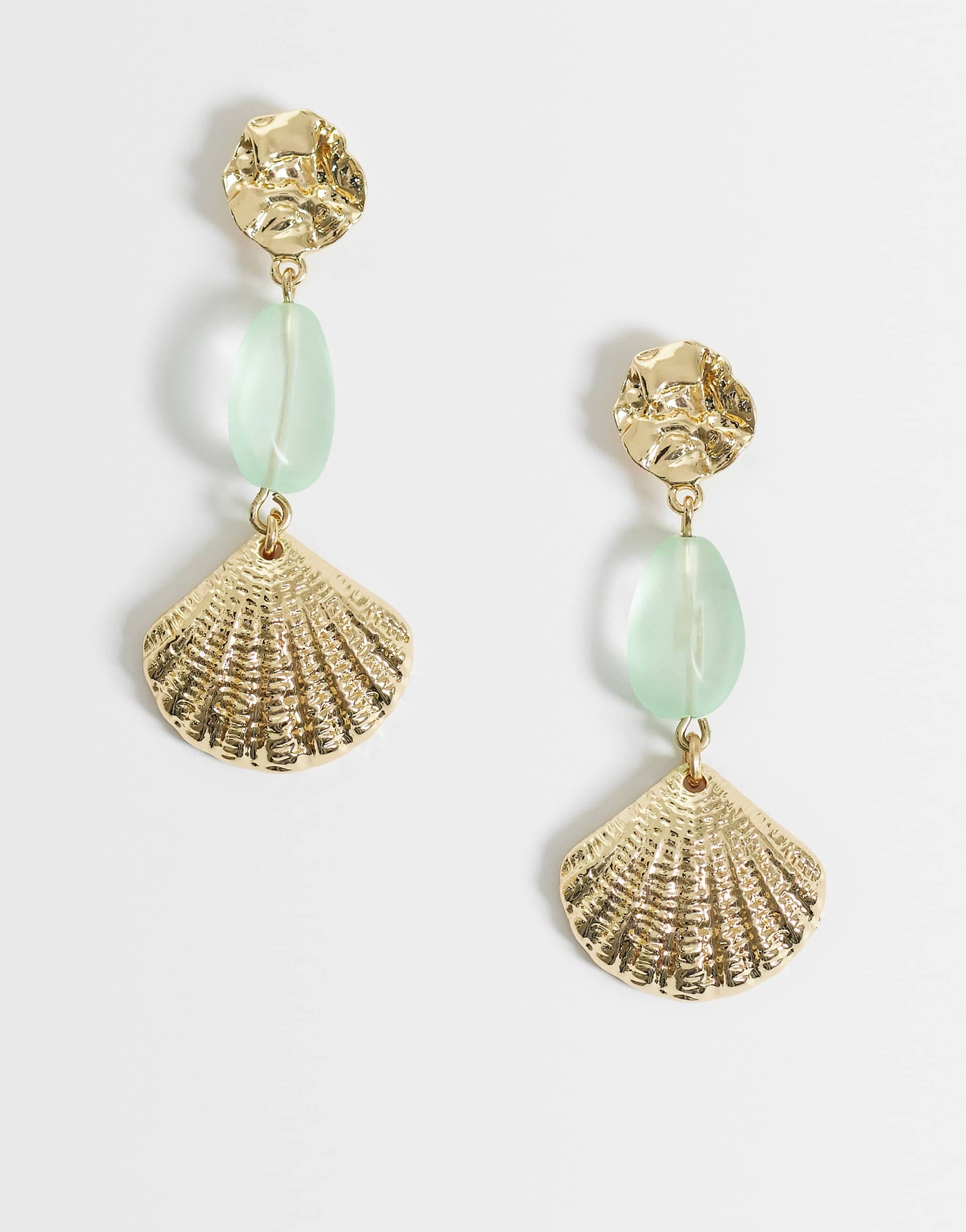 DesignB London statement frosted glass shell earrings in green and gold