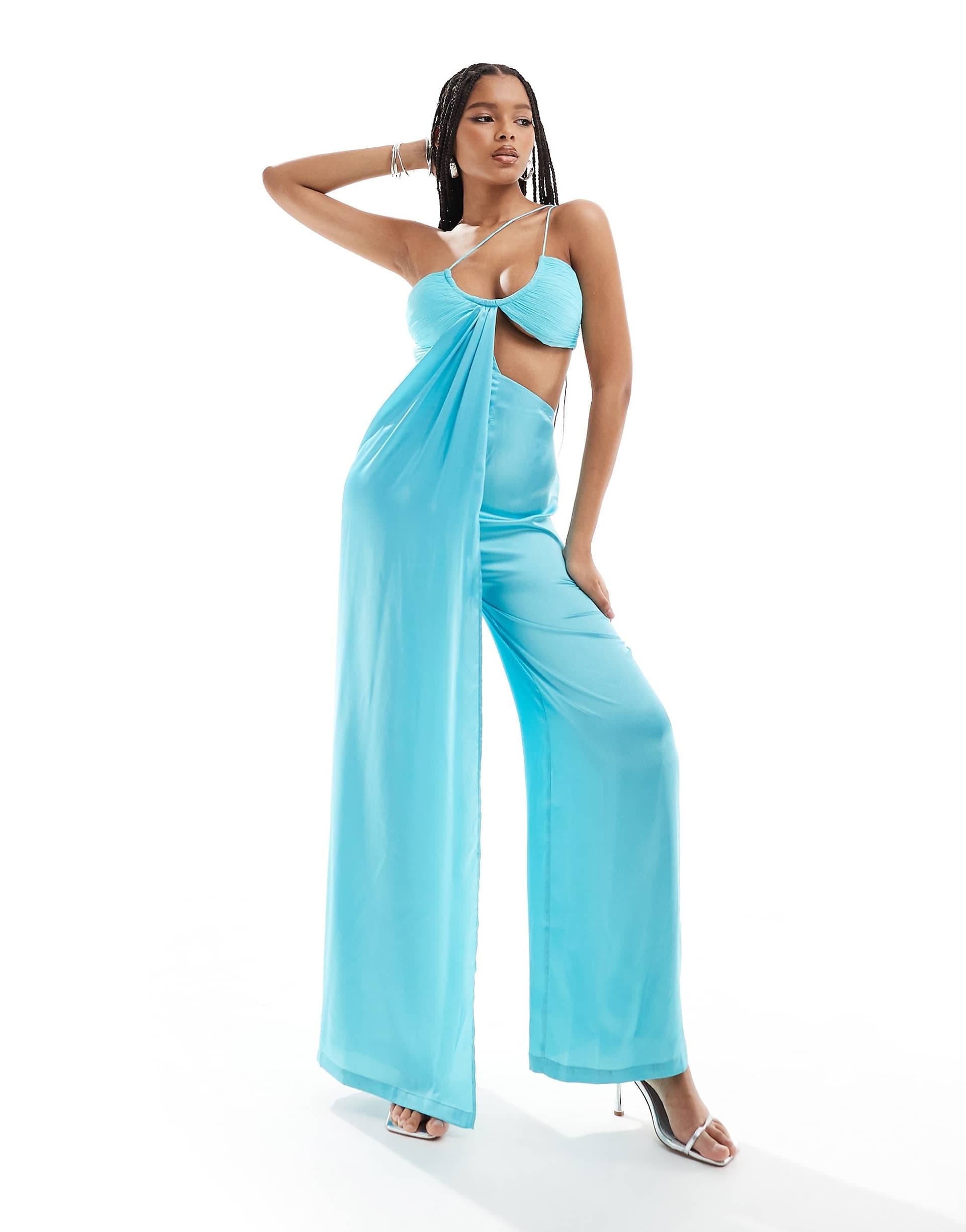 ASOS DESIGN satin chiffon mix cut out wide leg jumpsuit in turquoise