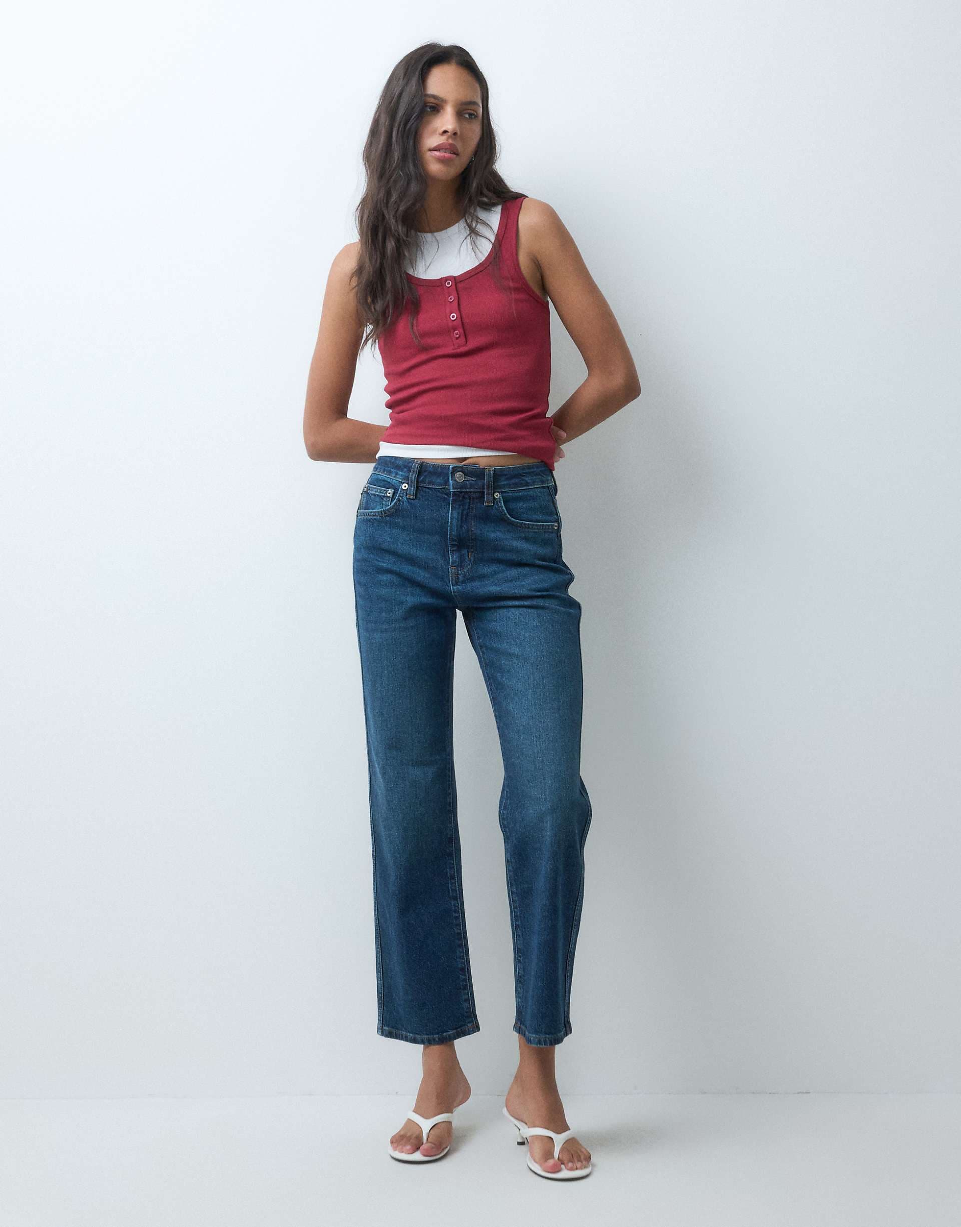 ASOS DESIGN ankle grazer comfort stretch straight leg jeans in dark mid blue