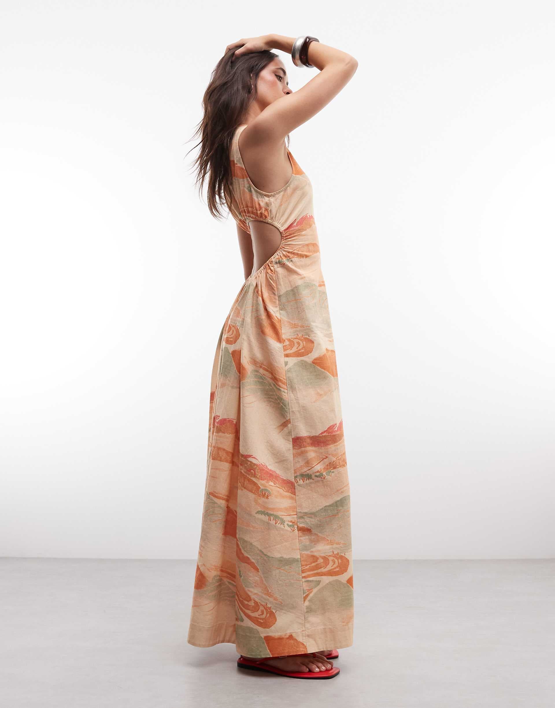 ASOS DESIGN waisted cotton midaxi dress in sunset print
