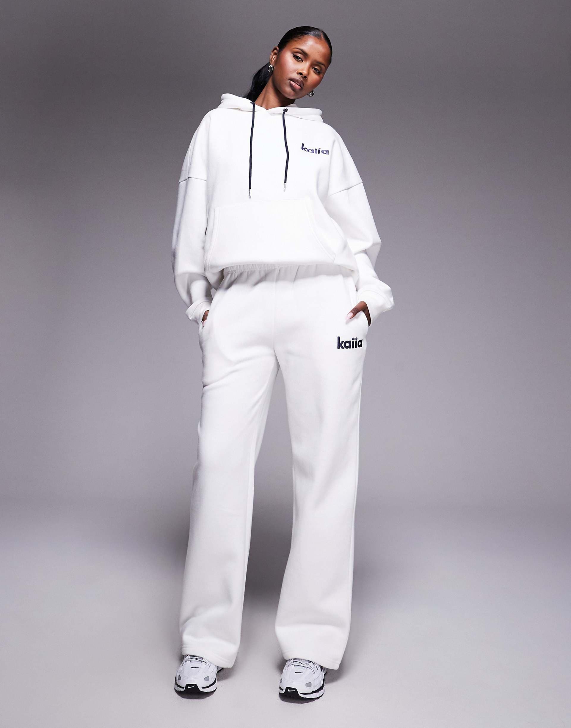 Kaiia cotton rich embroidered pocket detail tennis club logo sweatpants in white and navy - part of a set